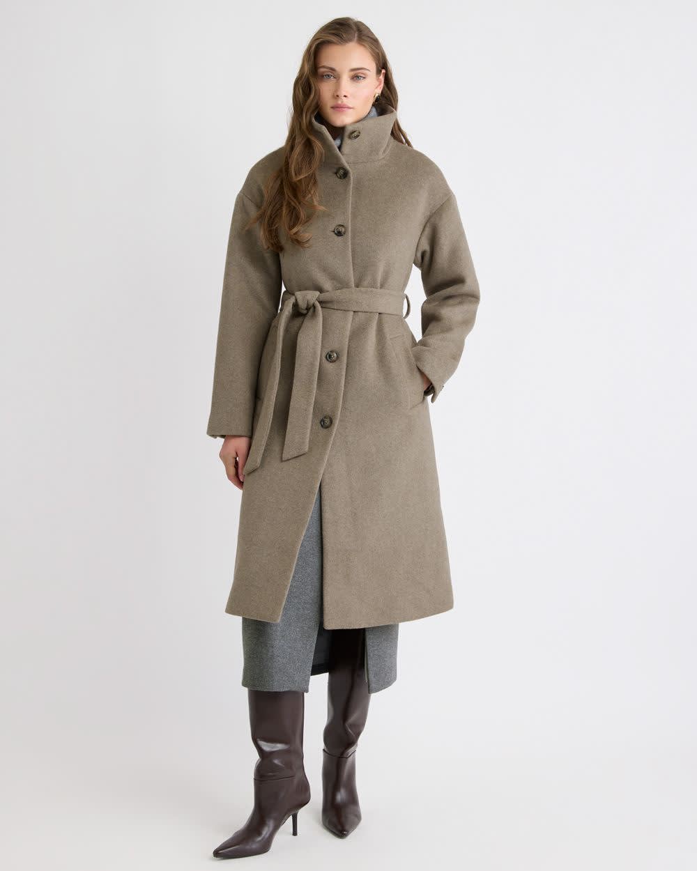 Wool-Blend Funnel-Neck Long Winter Coat