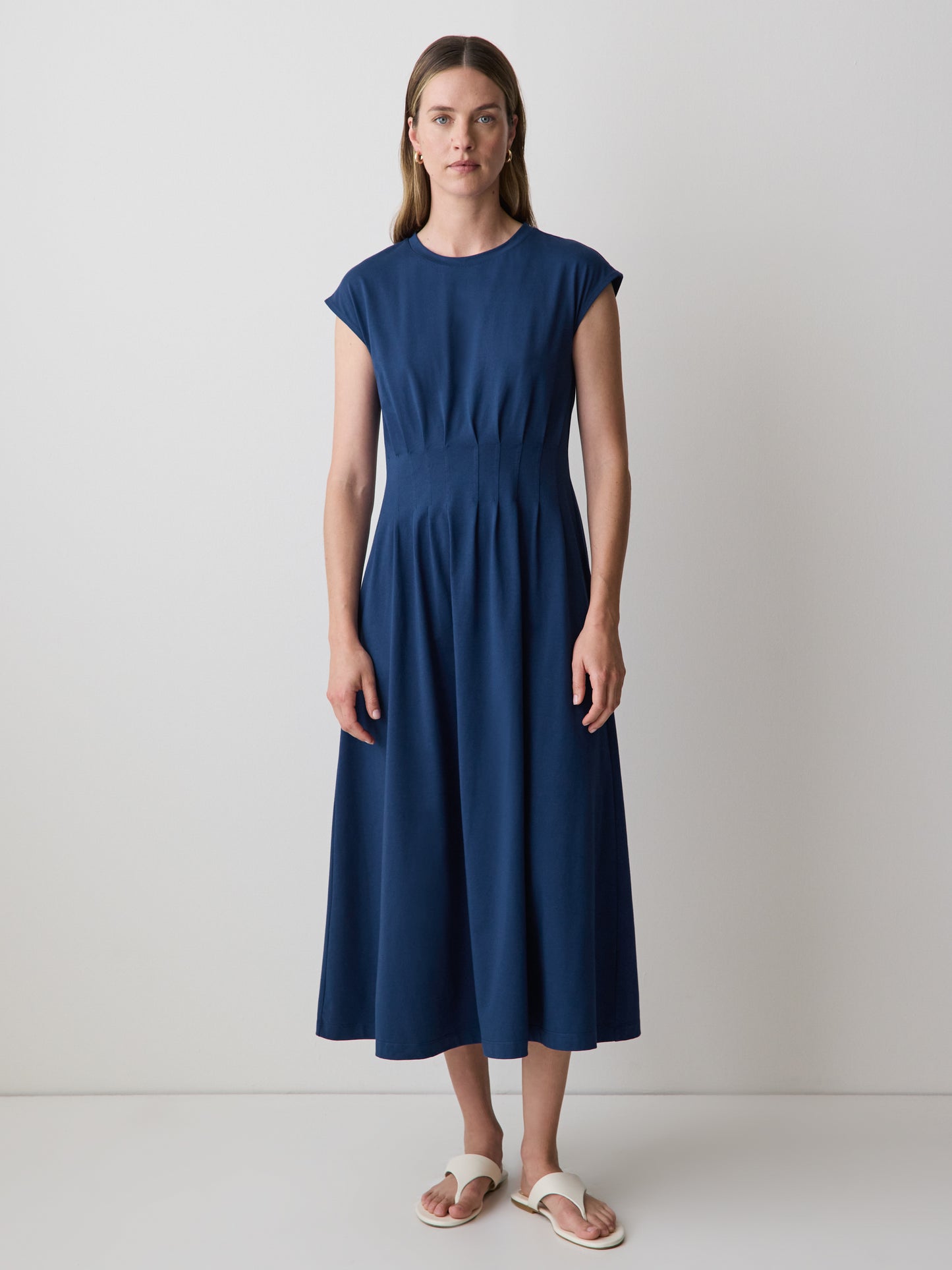 Extended-Sleeve Crew-Neck Midi Dress with Pintucks