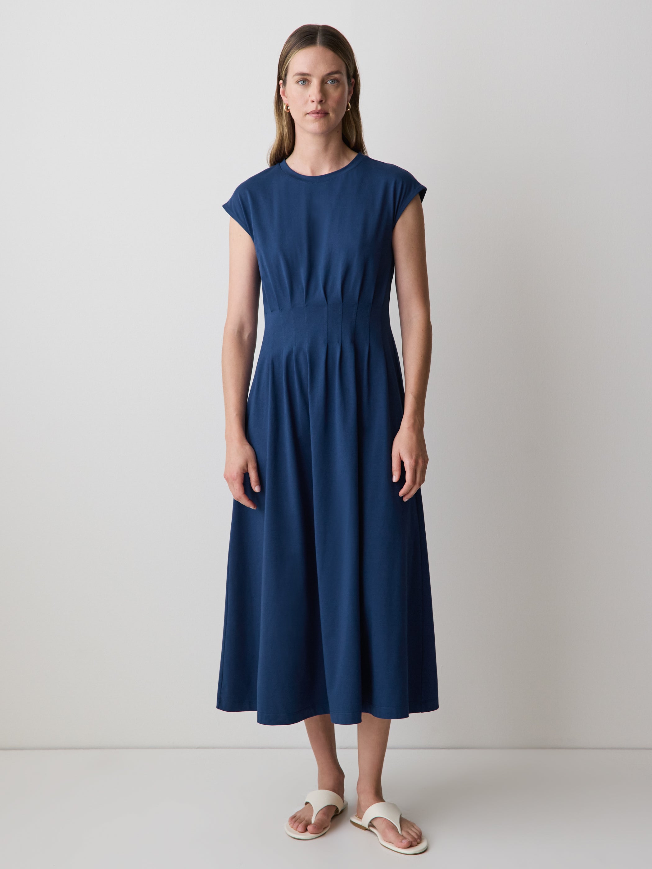 Extended-Sleeve Crew-Neck Midi Dress with Pintucks