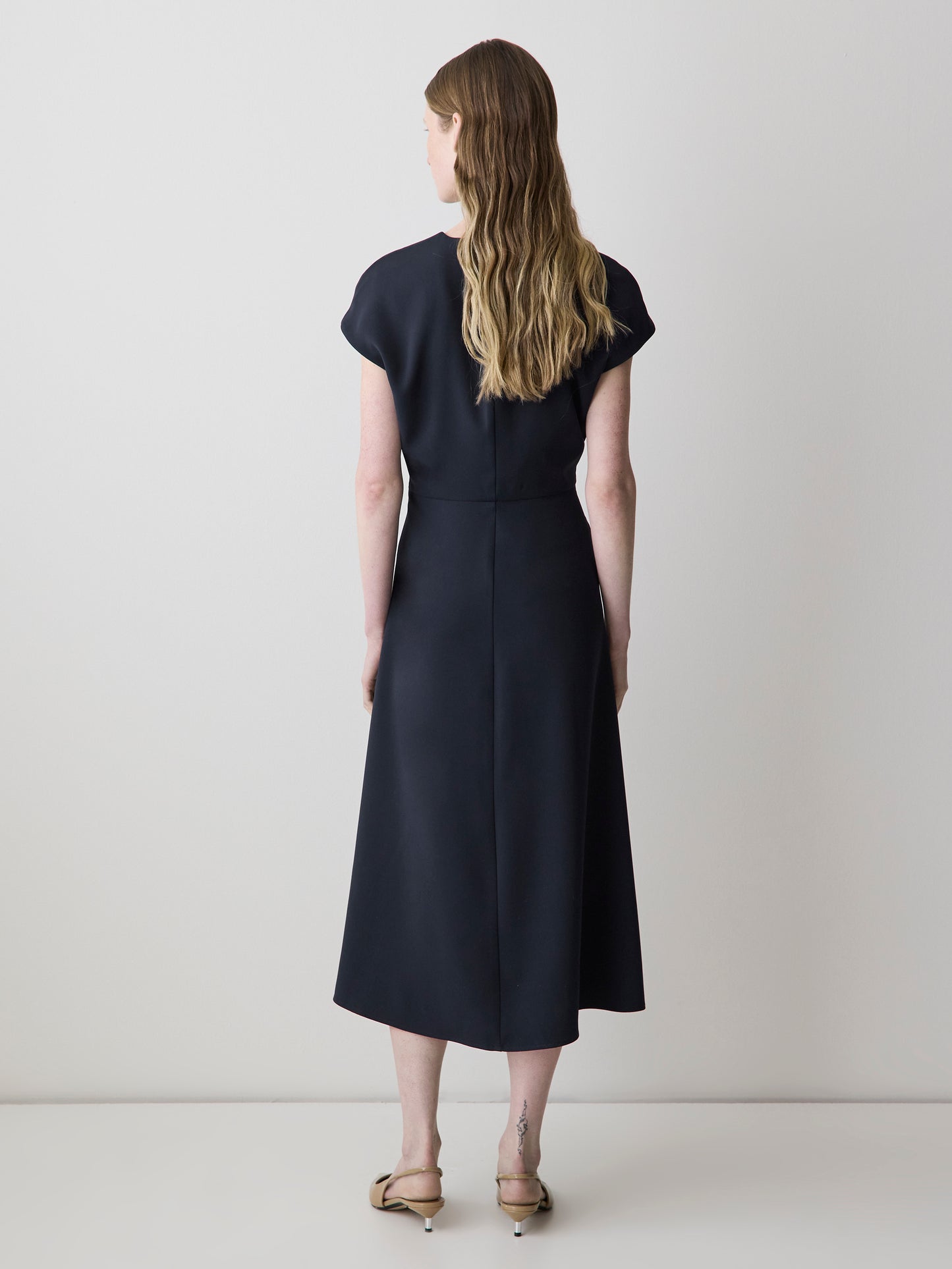 Extended-Sleeve V-Neck Twill Midi Dress