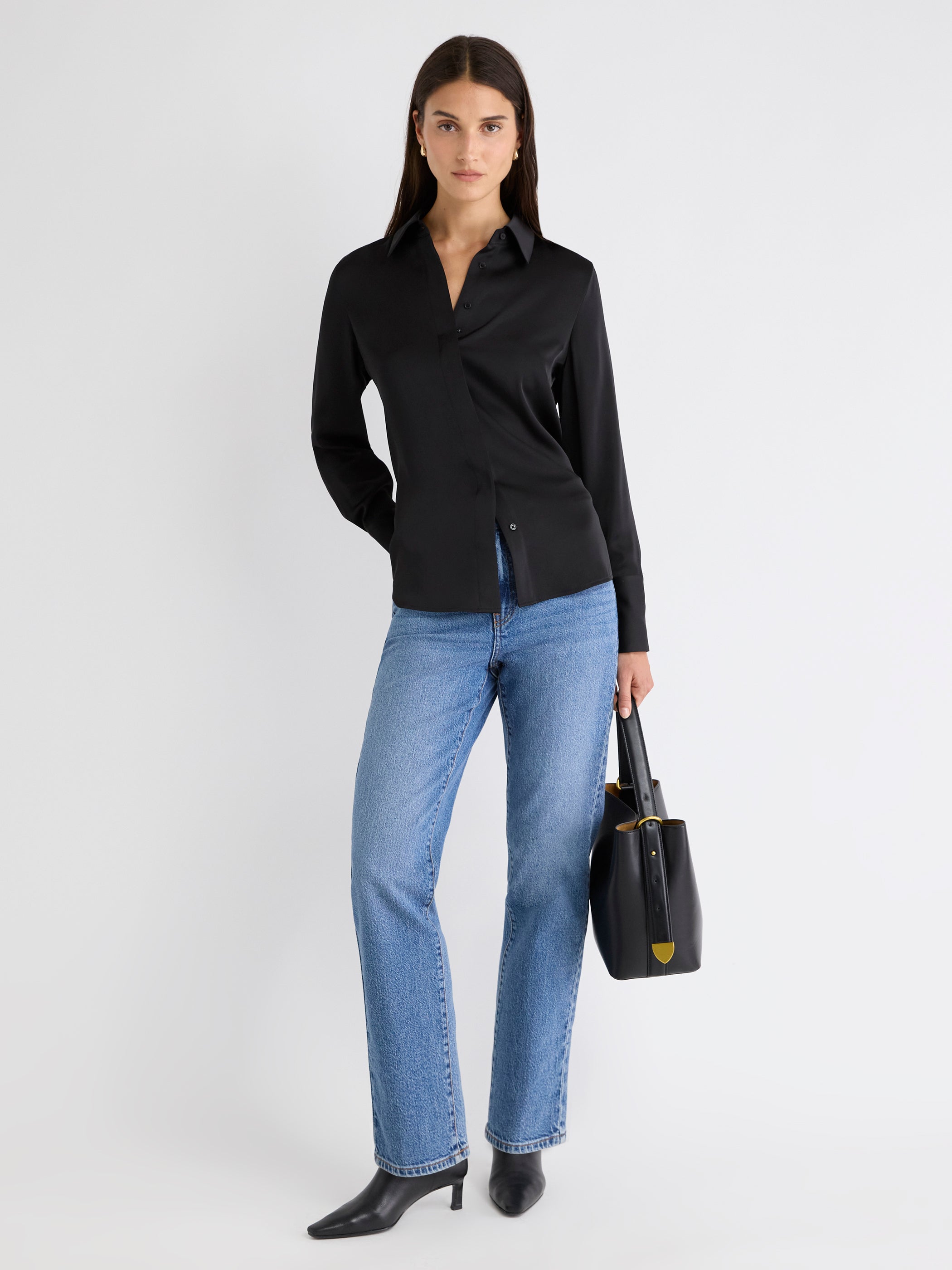 Blouse Boutonnée en Satin à Manches Longues