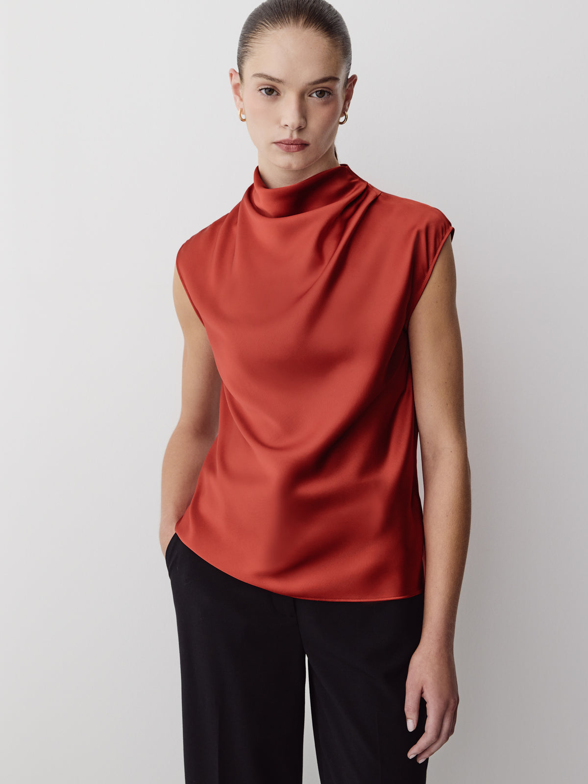 Satin Drapey Neck Extended Sleeve Blouse