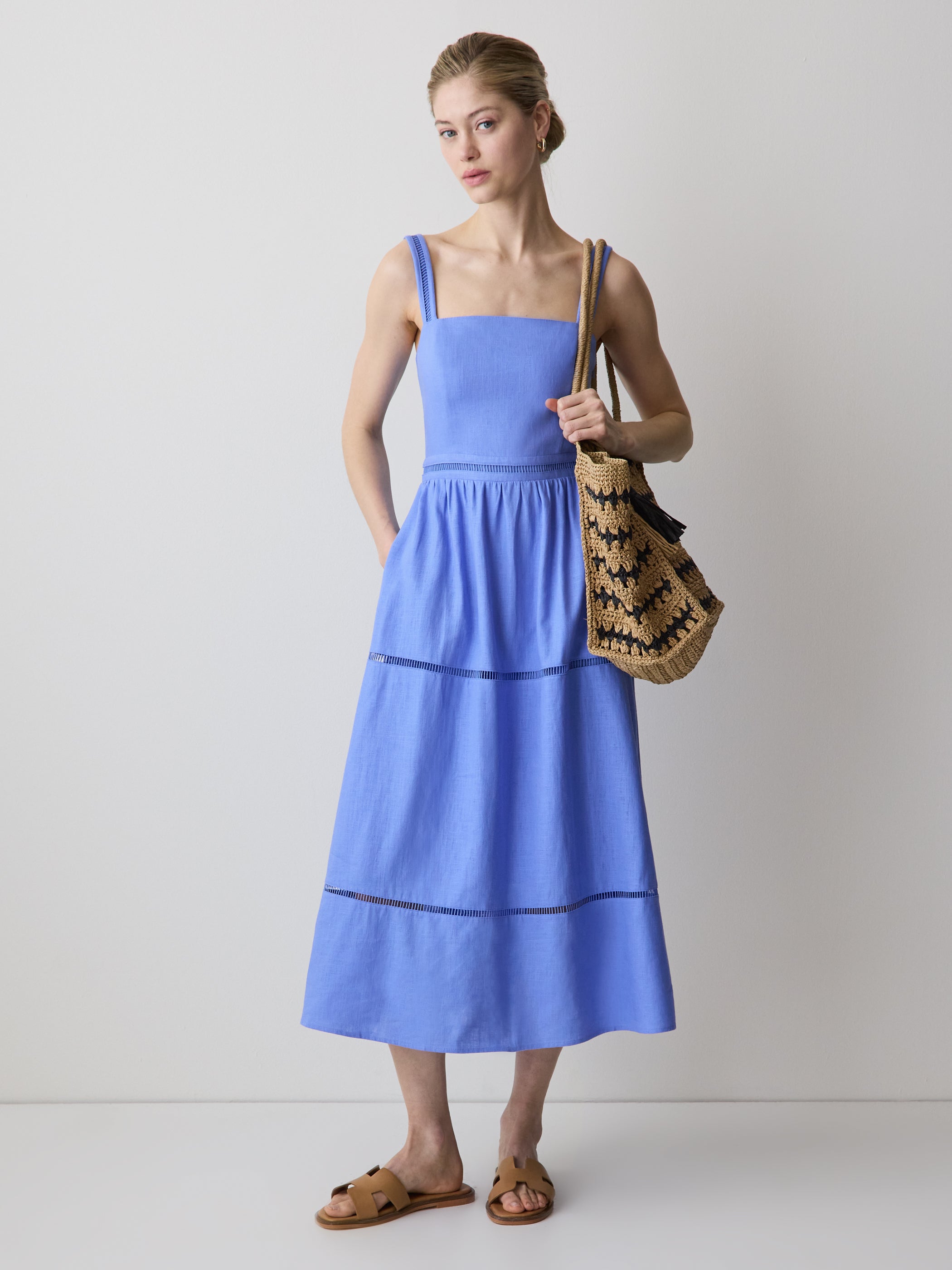 Woven Linen Blend Strappy Midi Dress