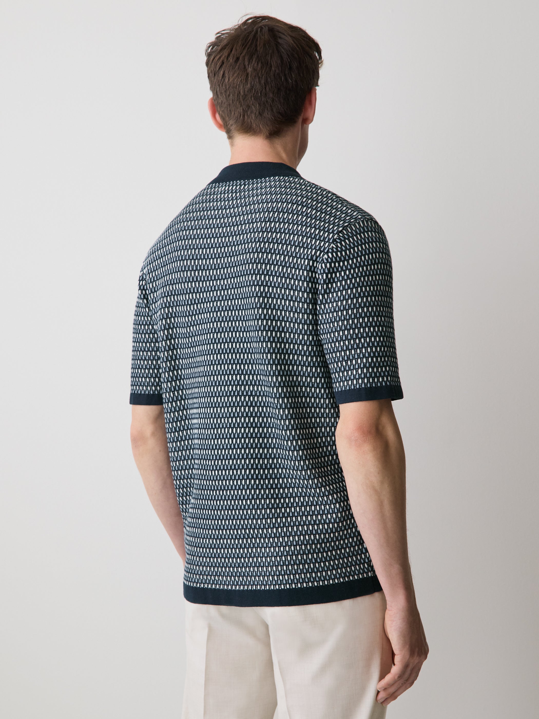 Striped Short-Sleeve Buttoned-Down Sweater with Camp Collar