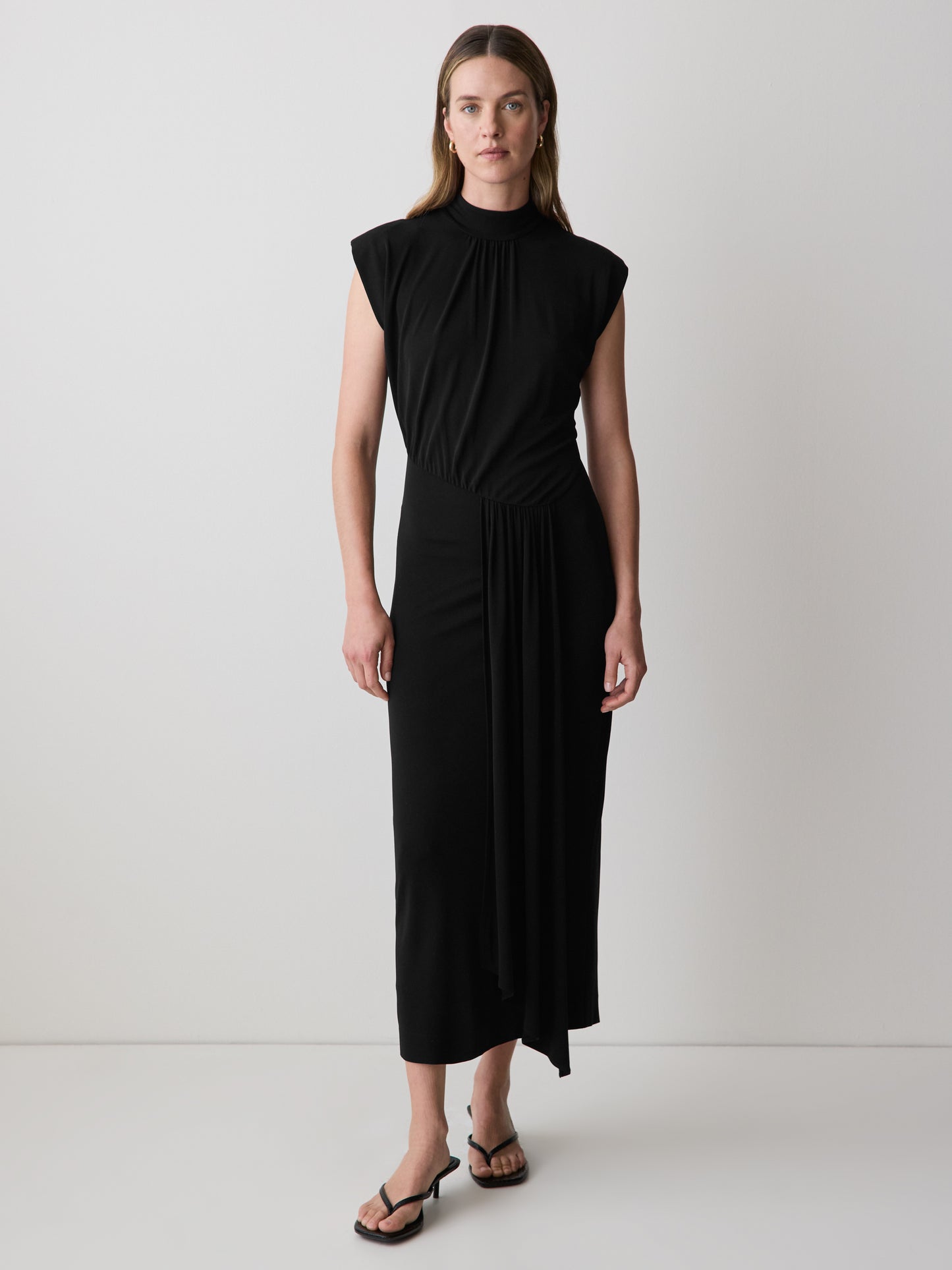 Draped Midi Cocktail Dress with Cascade