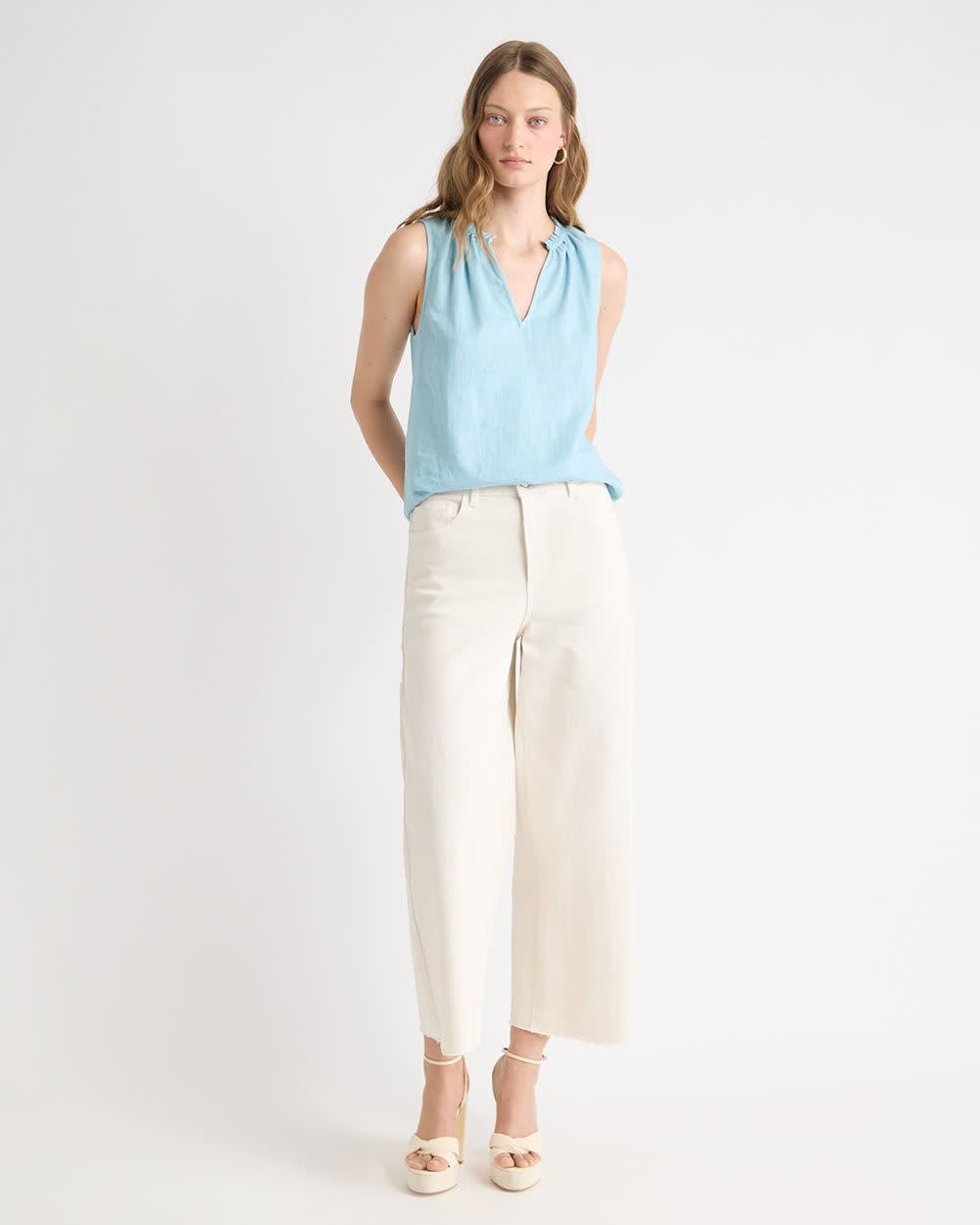 Sleeveless V-Neck Linen-Blend Blouse