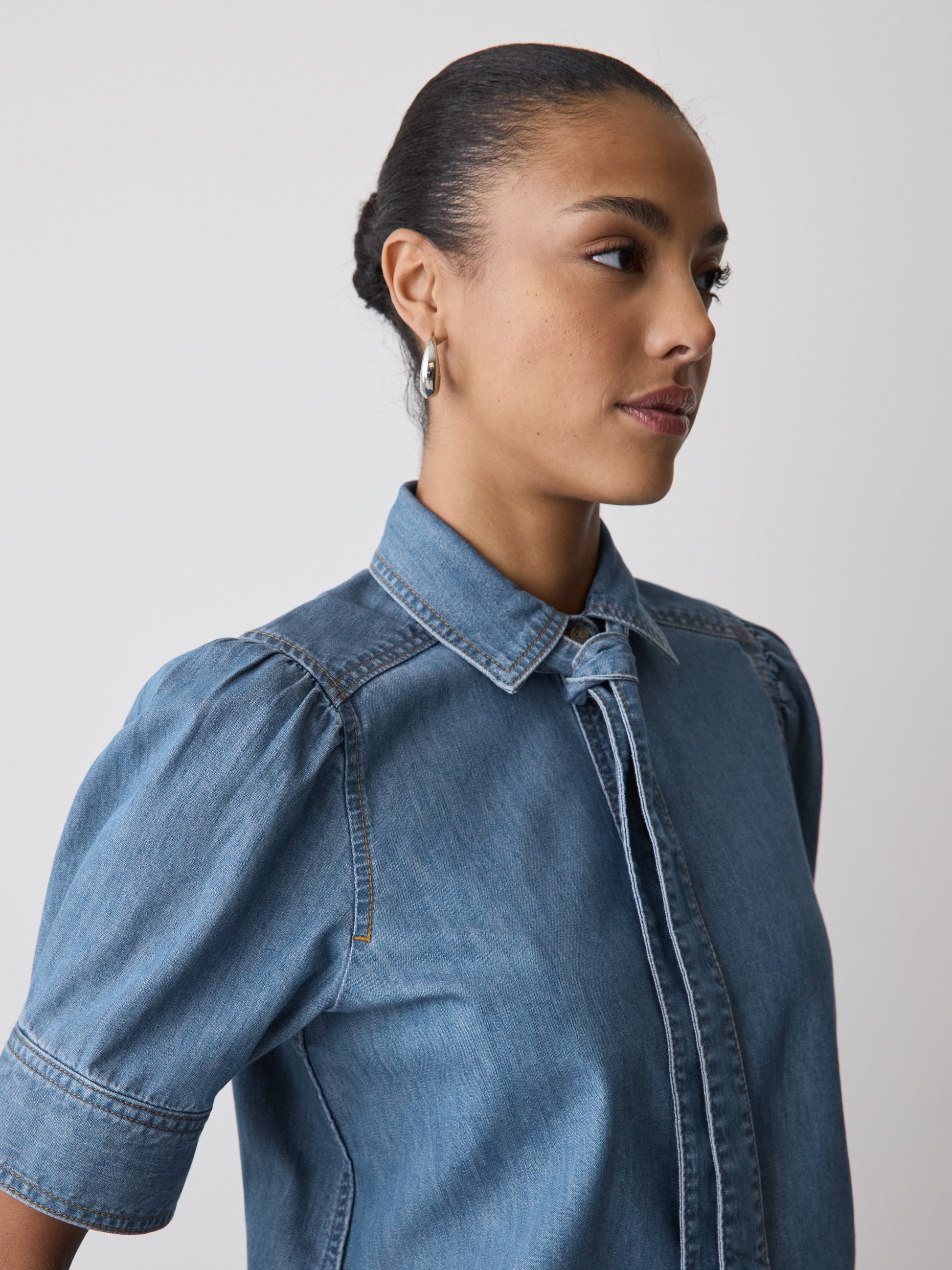 Short-Sleeve Denim Blouse with Shirt Collar