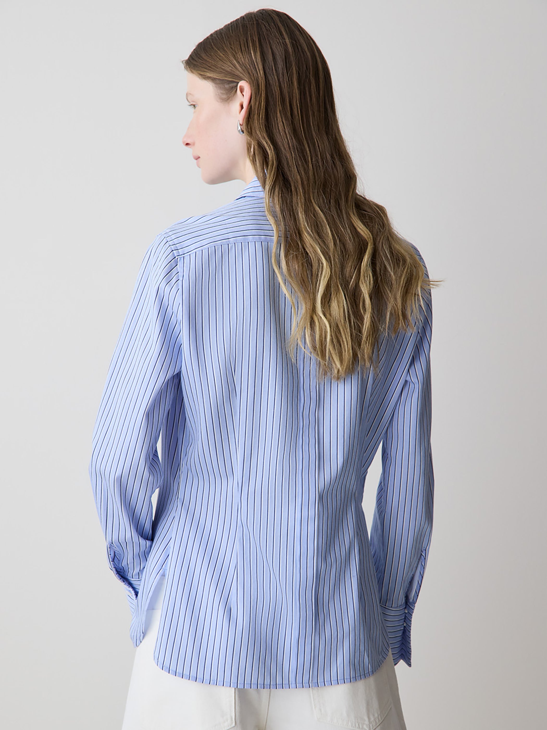 Blouse Ajustée en Popeline Rayée à Manches Longues