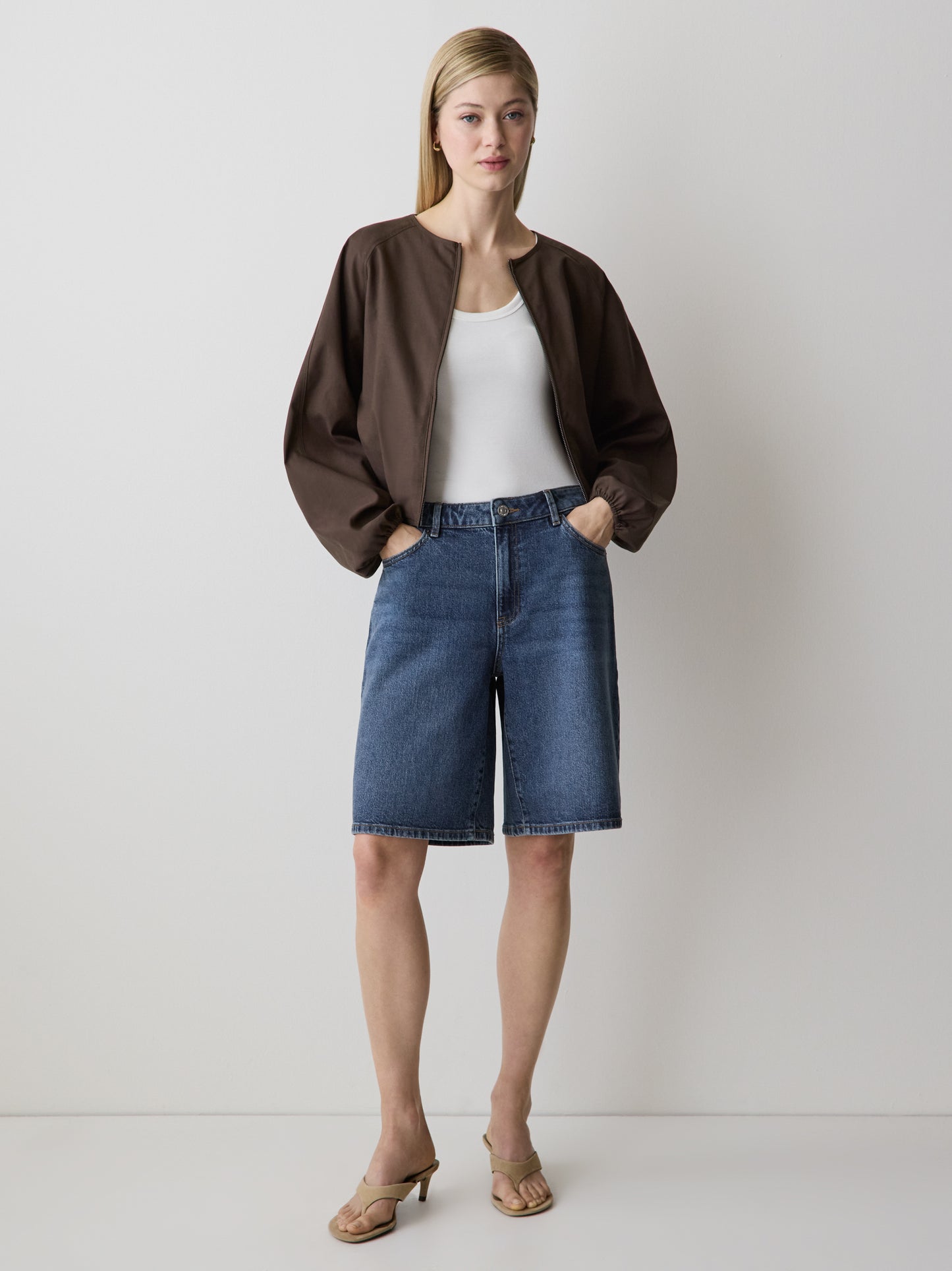 Bermuda Denim Shorts High Rise Cotton Blend