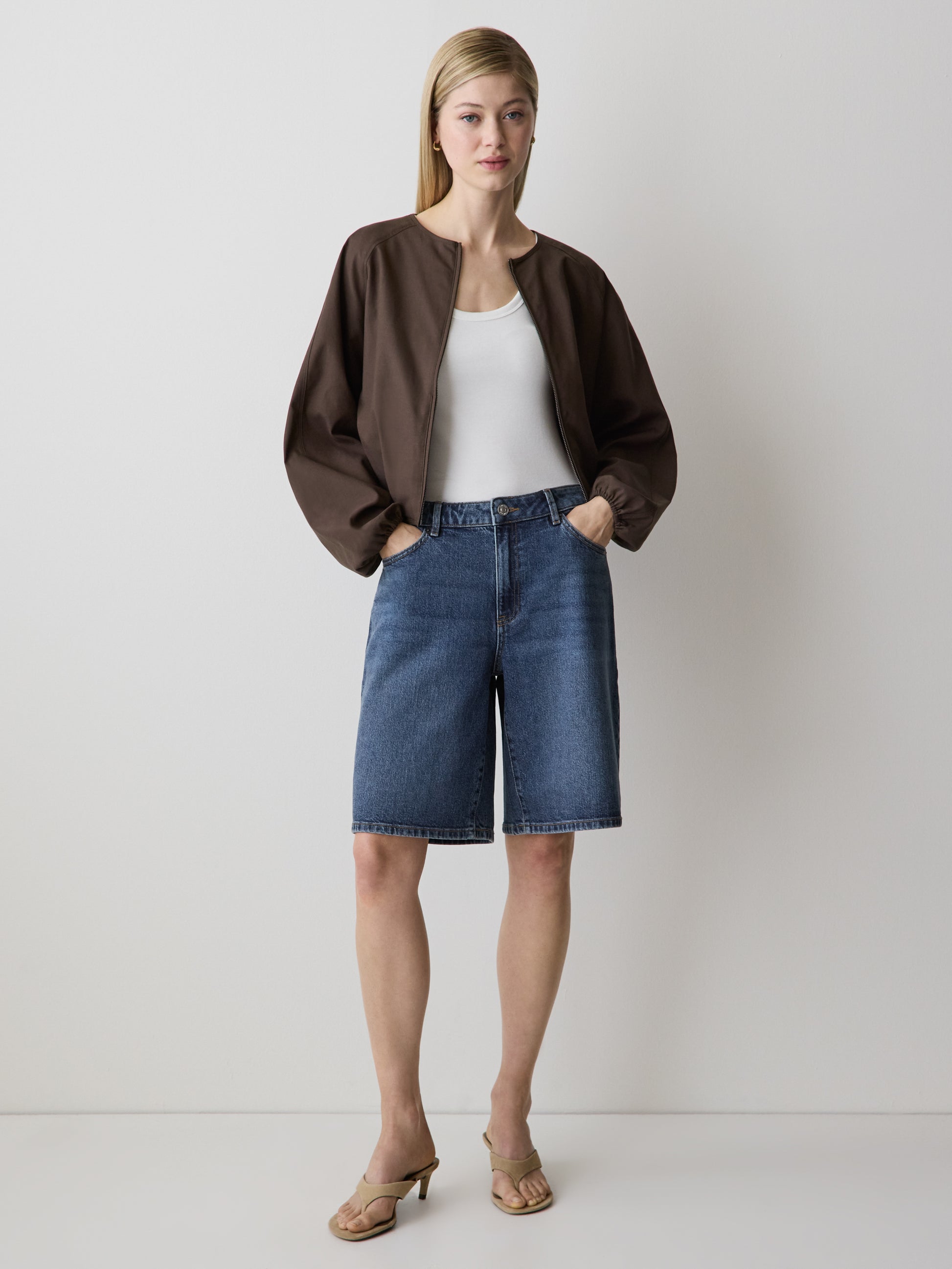 Bermuda Denim Shorts High Rise Cotton Blend