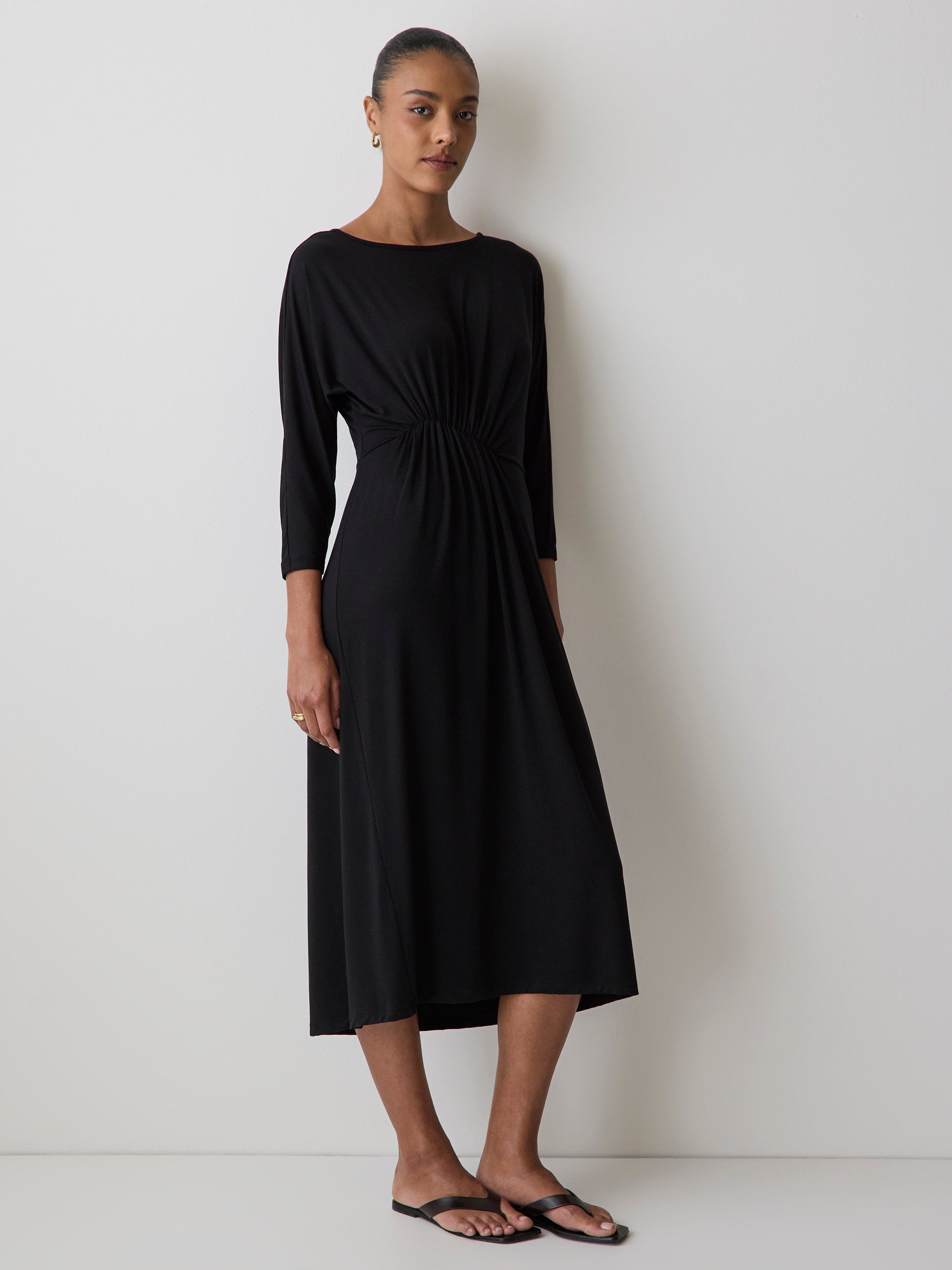 Knit Midi Dress 3/4 Sleeve Cowl Neck