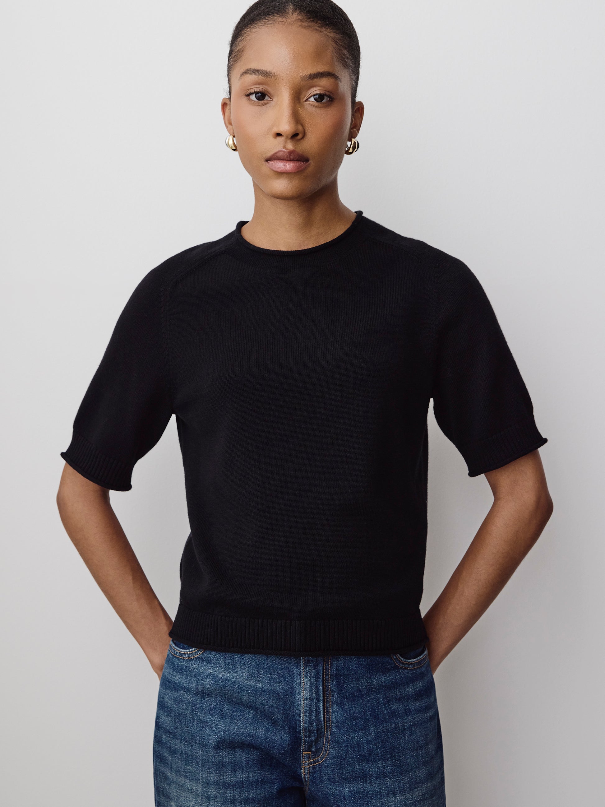 Knit Cotton Blend Funnel Neck Sweater
