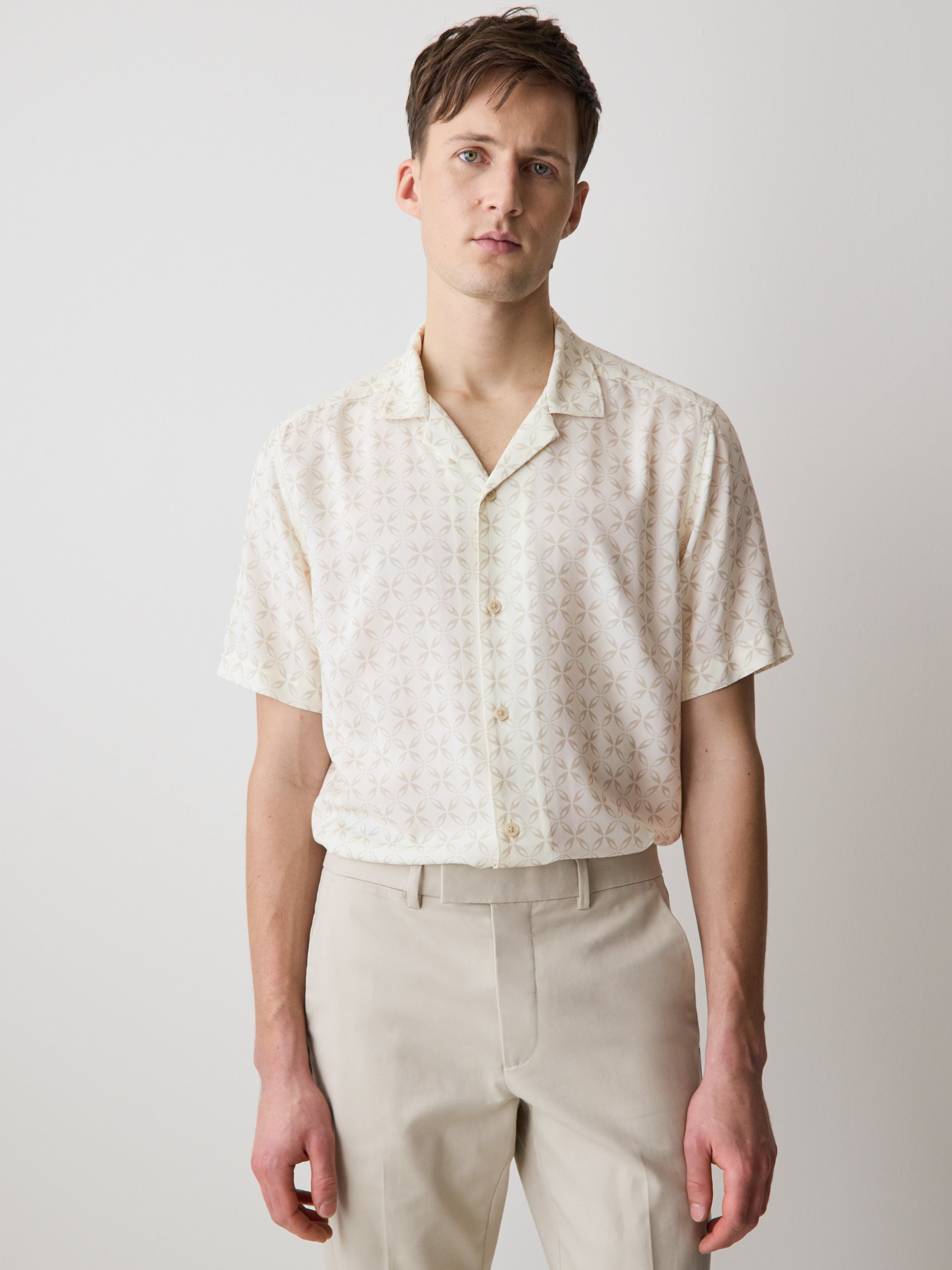 Short-Sleeve Camp-Collar Shirt with Geo Print