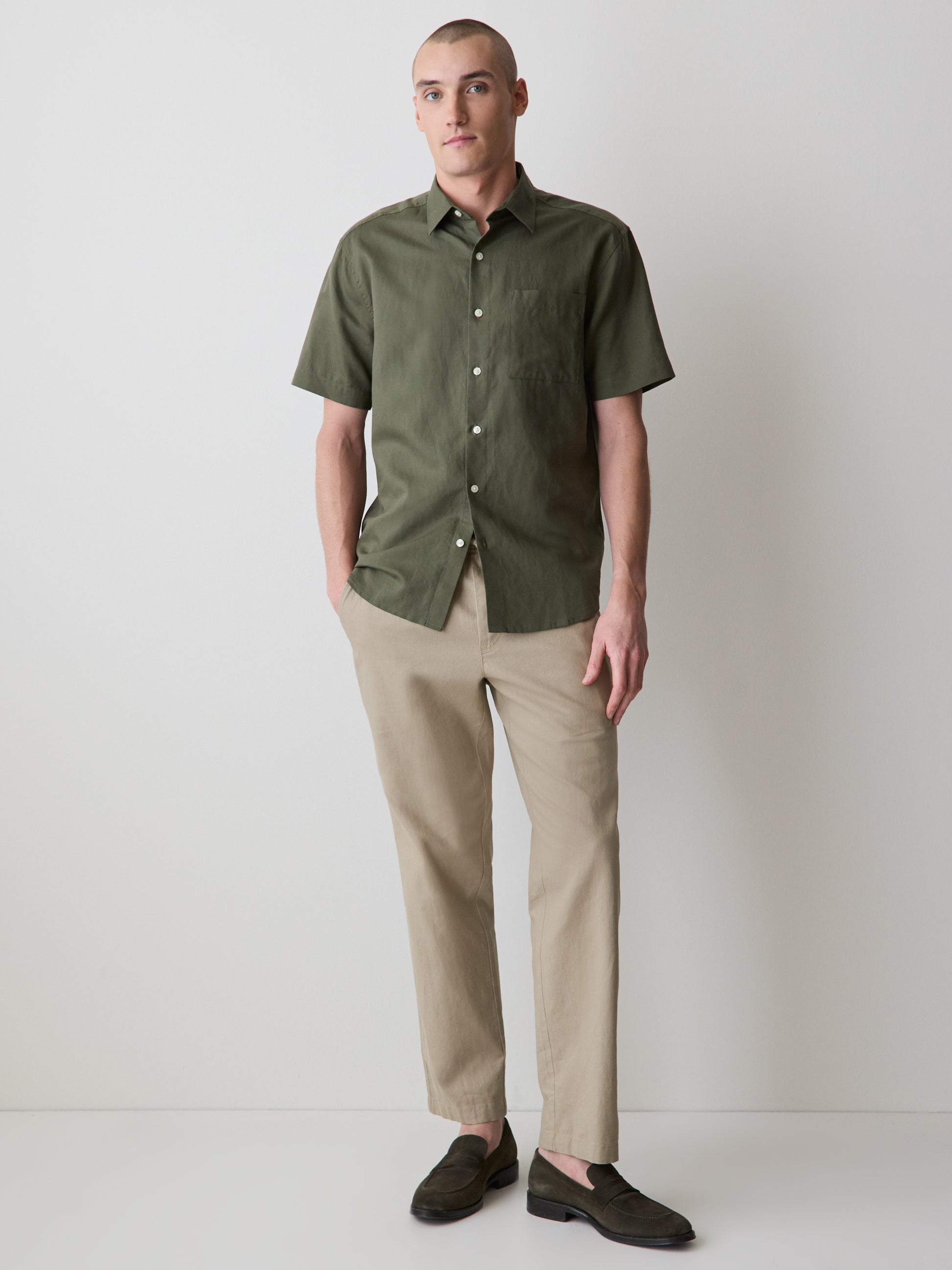 Mens Woven Linen Blend Shirt Regular Fit Short Sleeve