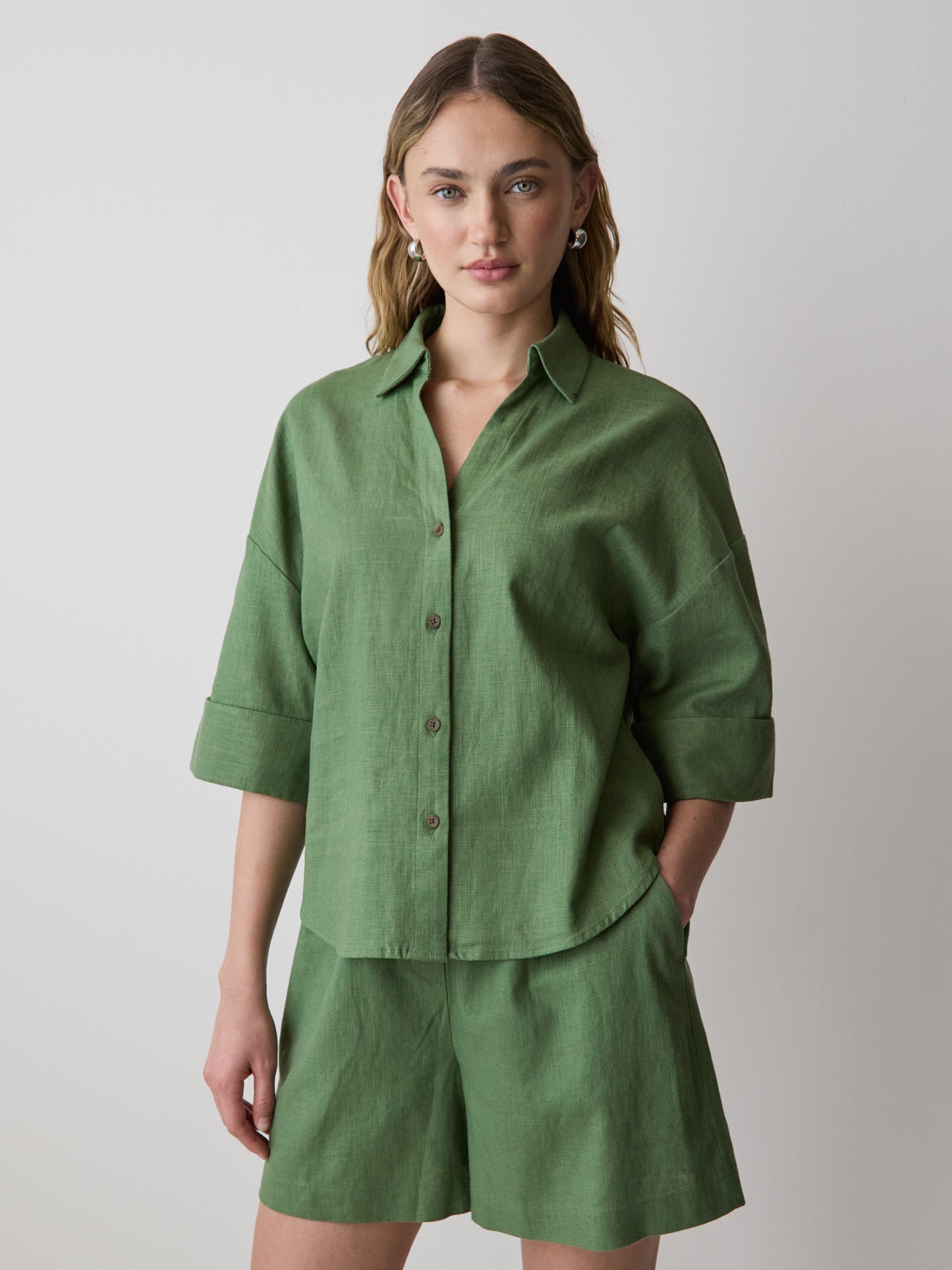 Linen-Blend Short-Sleeve Blouse with Shirt Collar