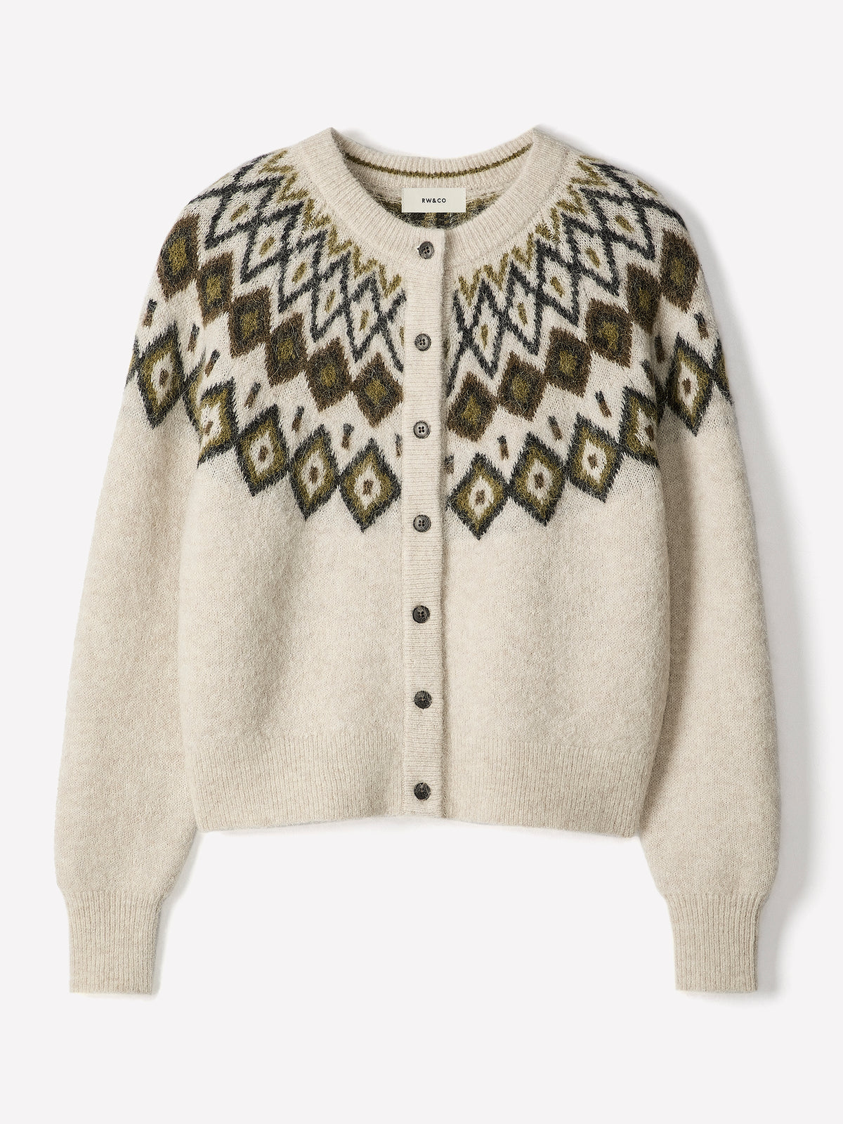 Wool-Blend Long-Sleeve Cardigan with Fair Isle Pattern