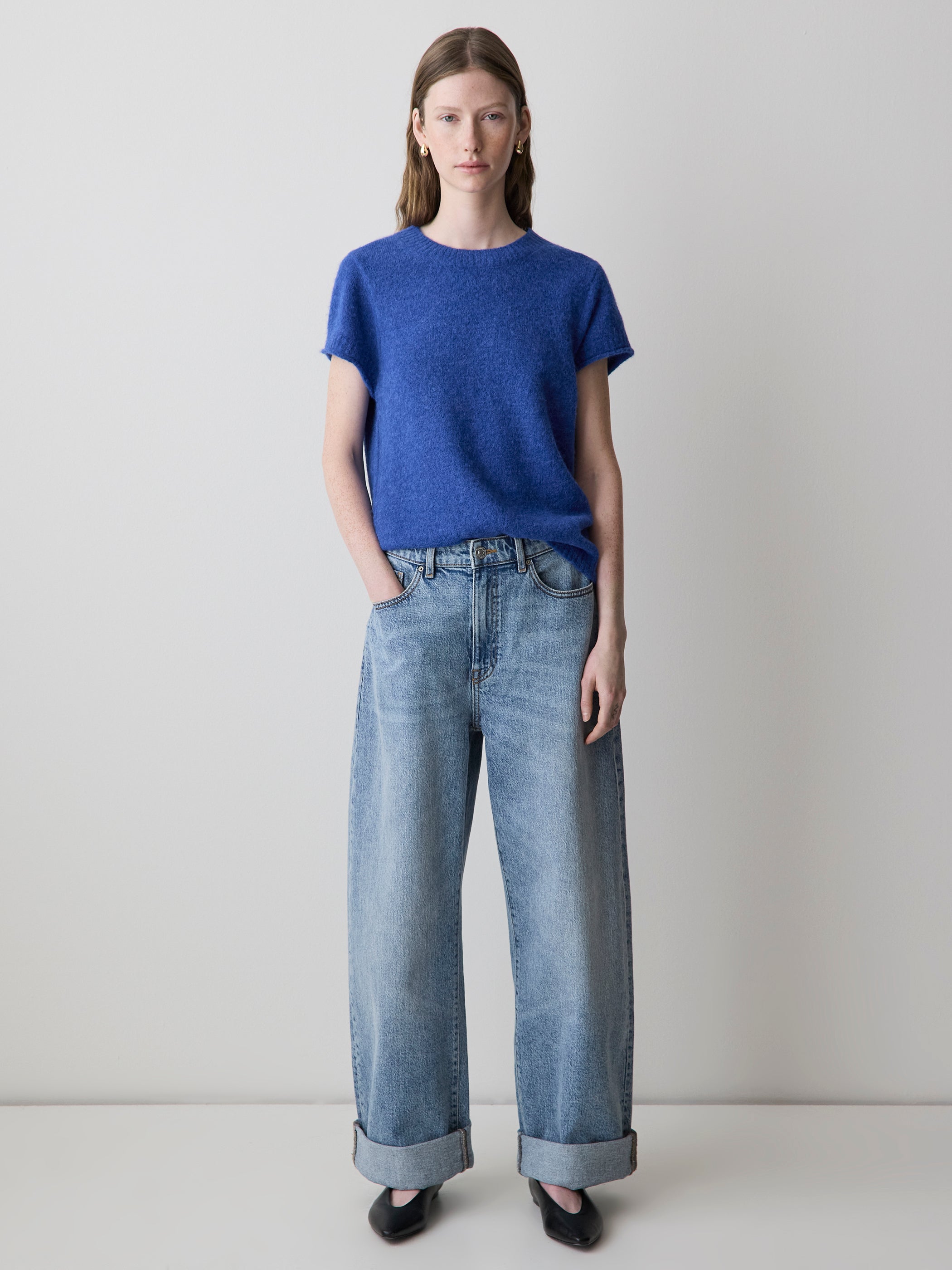 Pull Ample en Laine à Manches Courtes et Col Rond