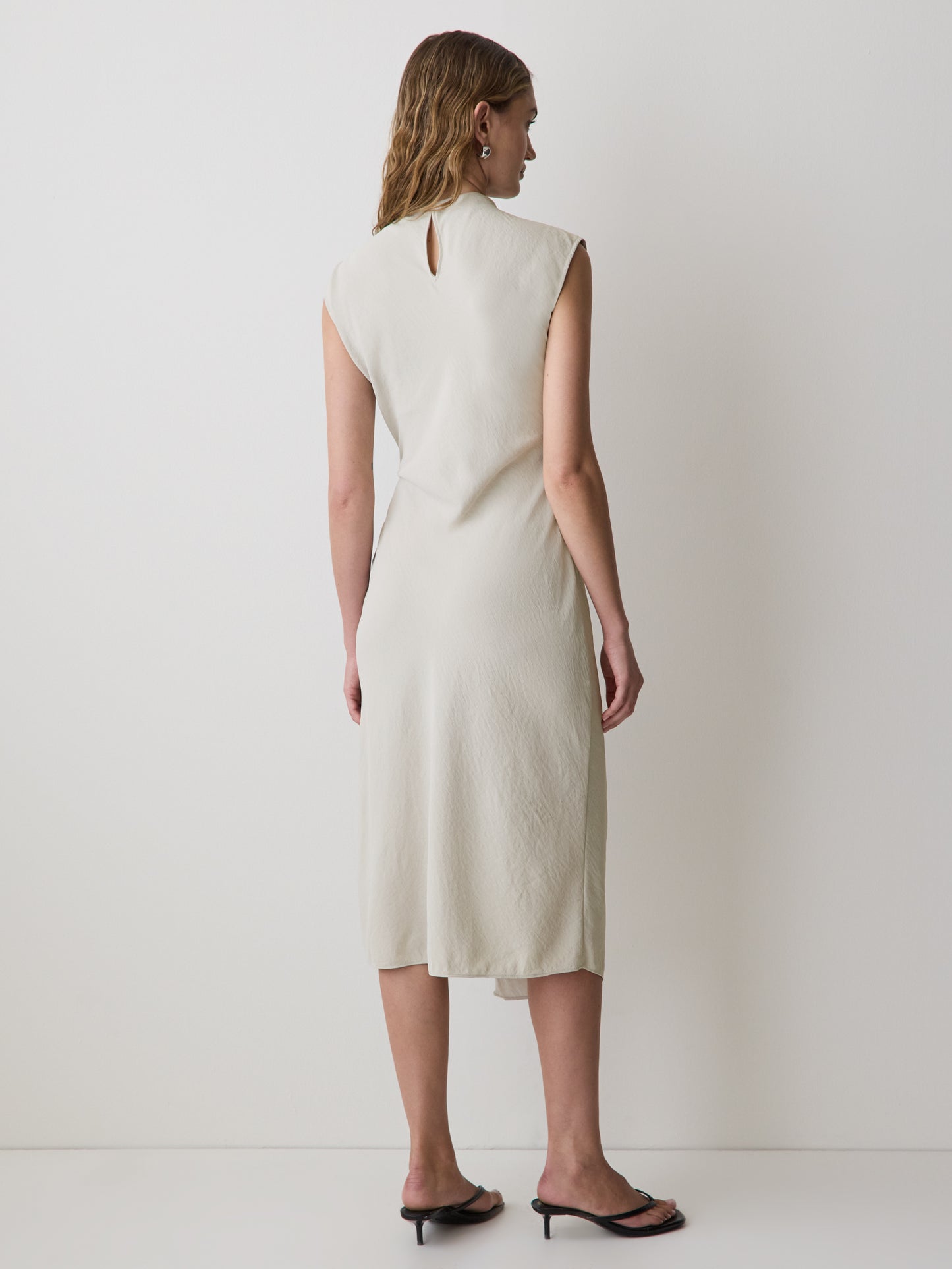 Extended-Sleeve Mock-Neck Midi Dress with Wrap Detail