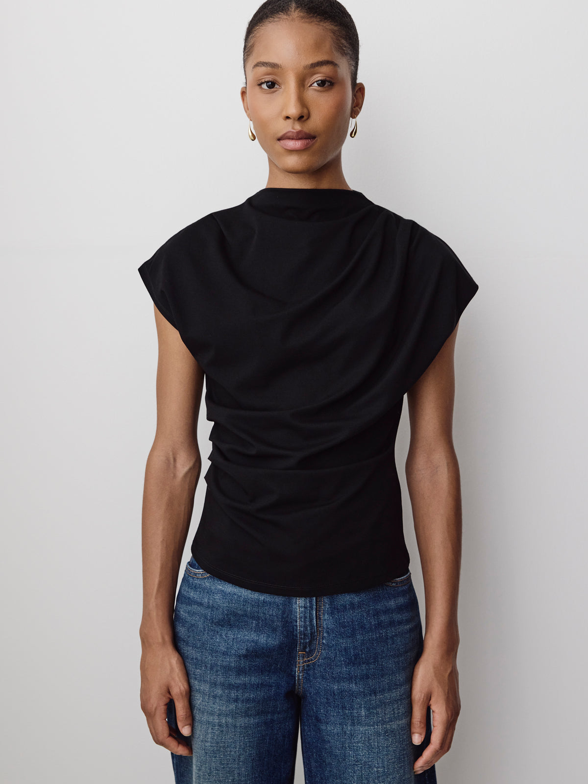 Extended-Sleeve Crew-Neck Draped Top