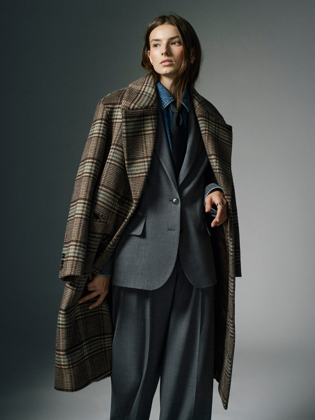 Plaid Wool-Blend Long Double-Breasted Coat