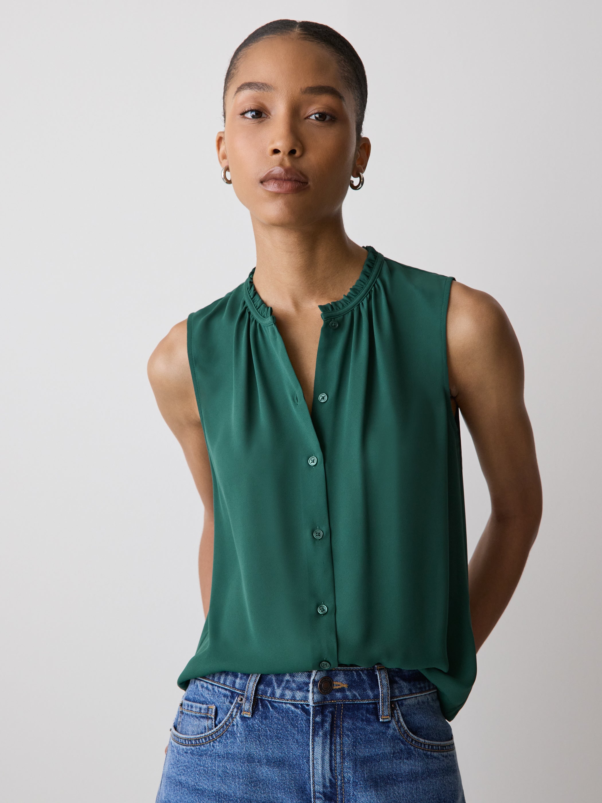 Sleeveless Buttoned-Down Blouse with Ruffled Trim