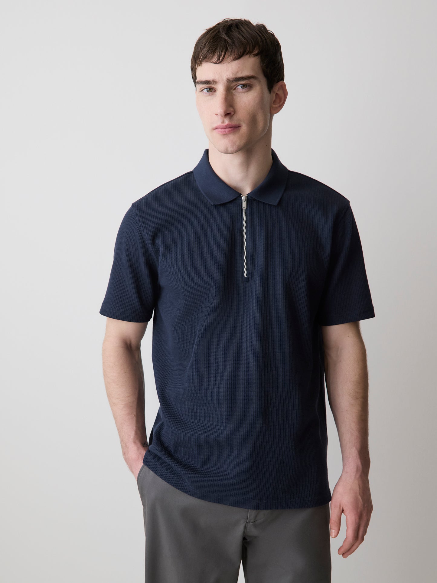 Short-Sleeve Ribbed Quarter-Zip Polo