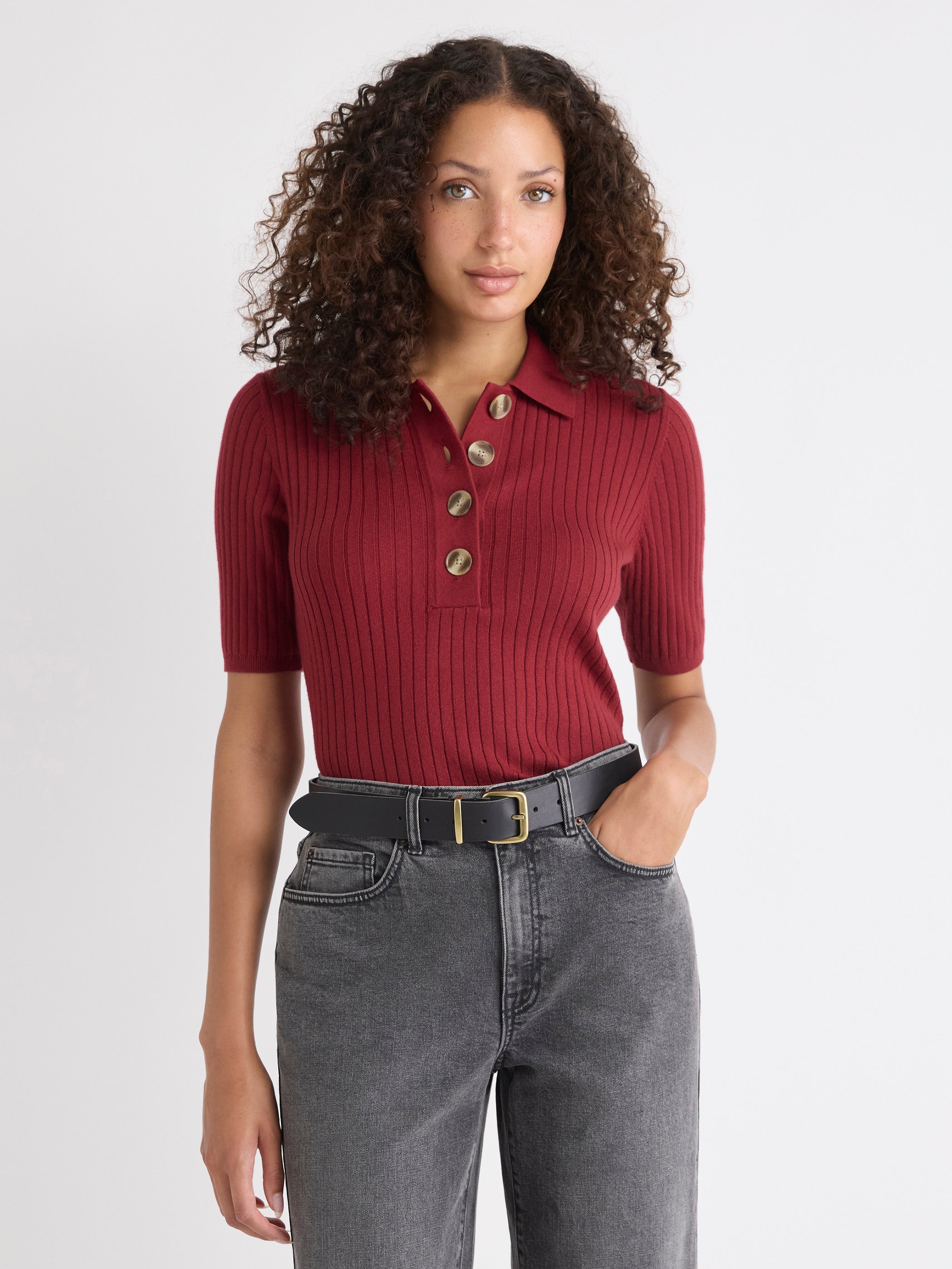 Pull Polo Côtelé à Manches aux Coudes