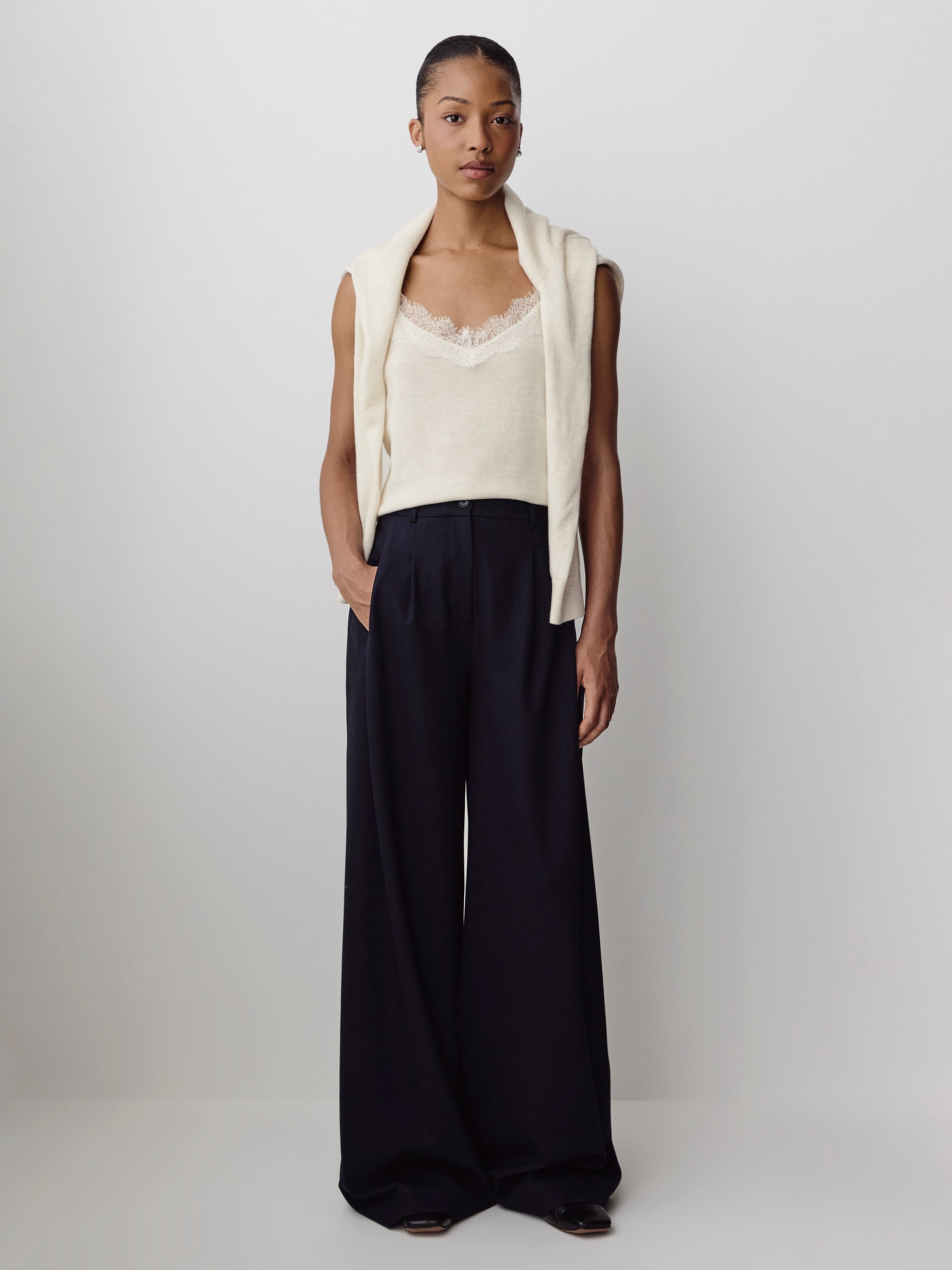 Merino-Wool V-Neck Cami with Lace Trim