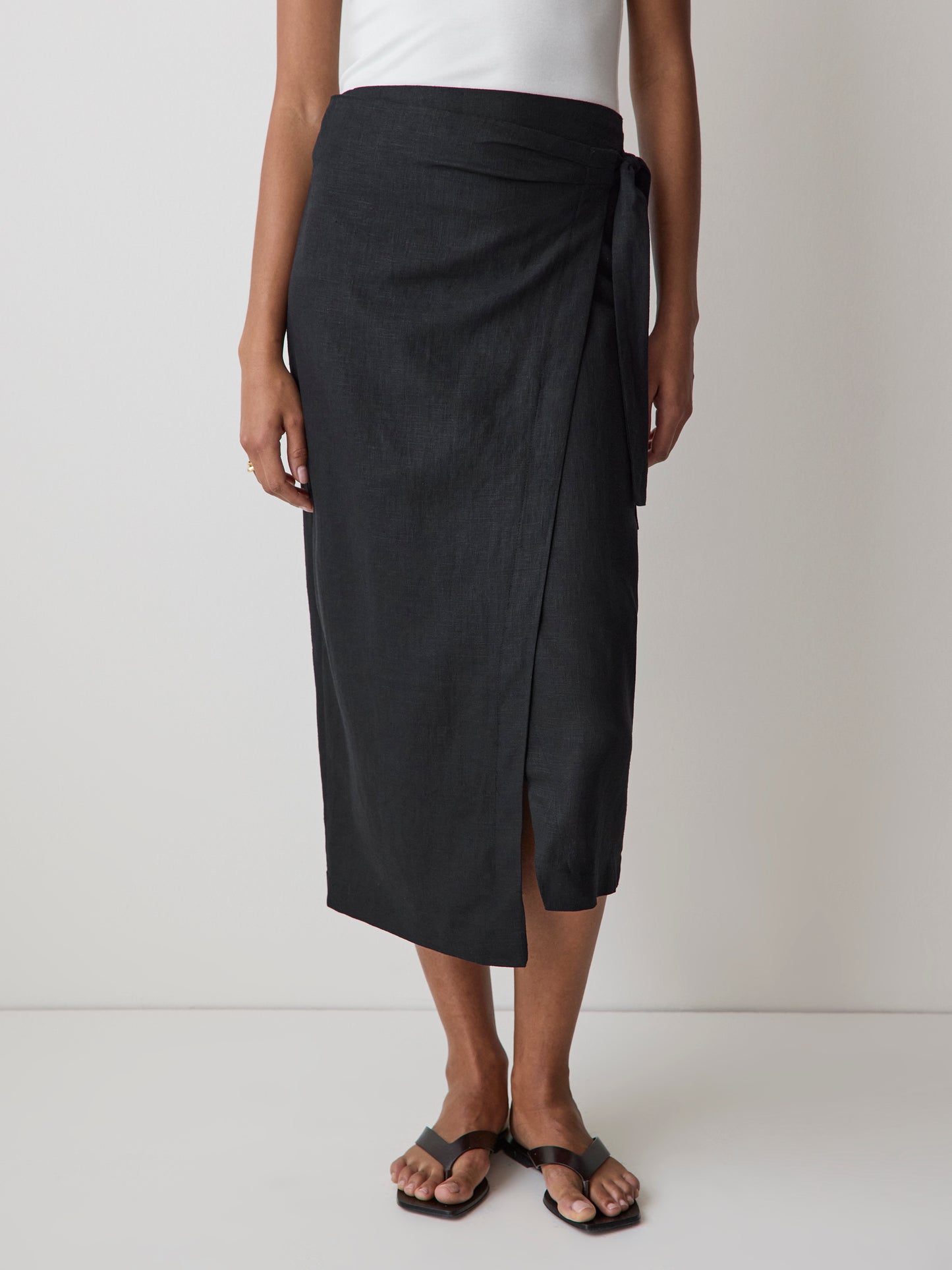 Woven Linen Blend Wrap Midi Skirt