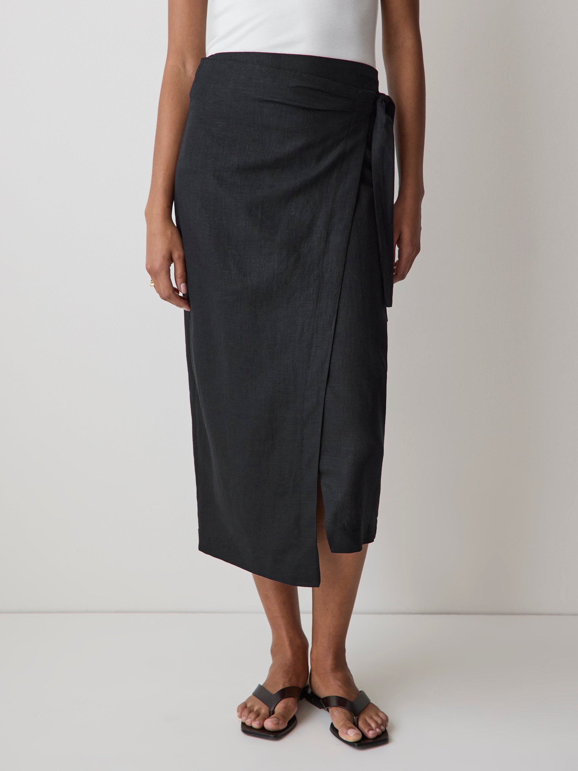 Woven Linen Blend Wrap Midi Skirt