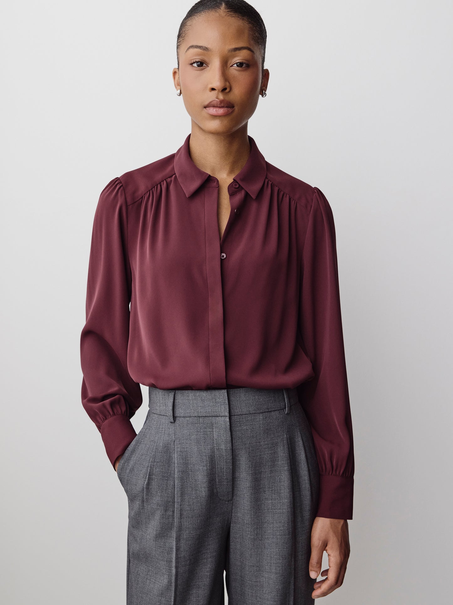 Silky Crepe Long-Sleeve Buttoned-Down Blouse