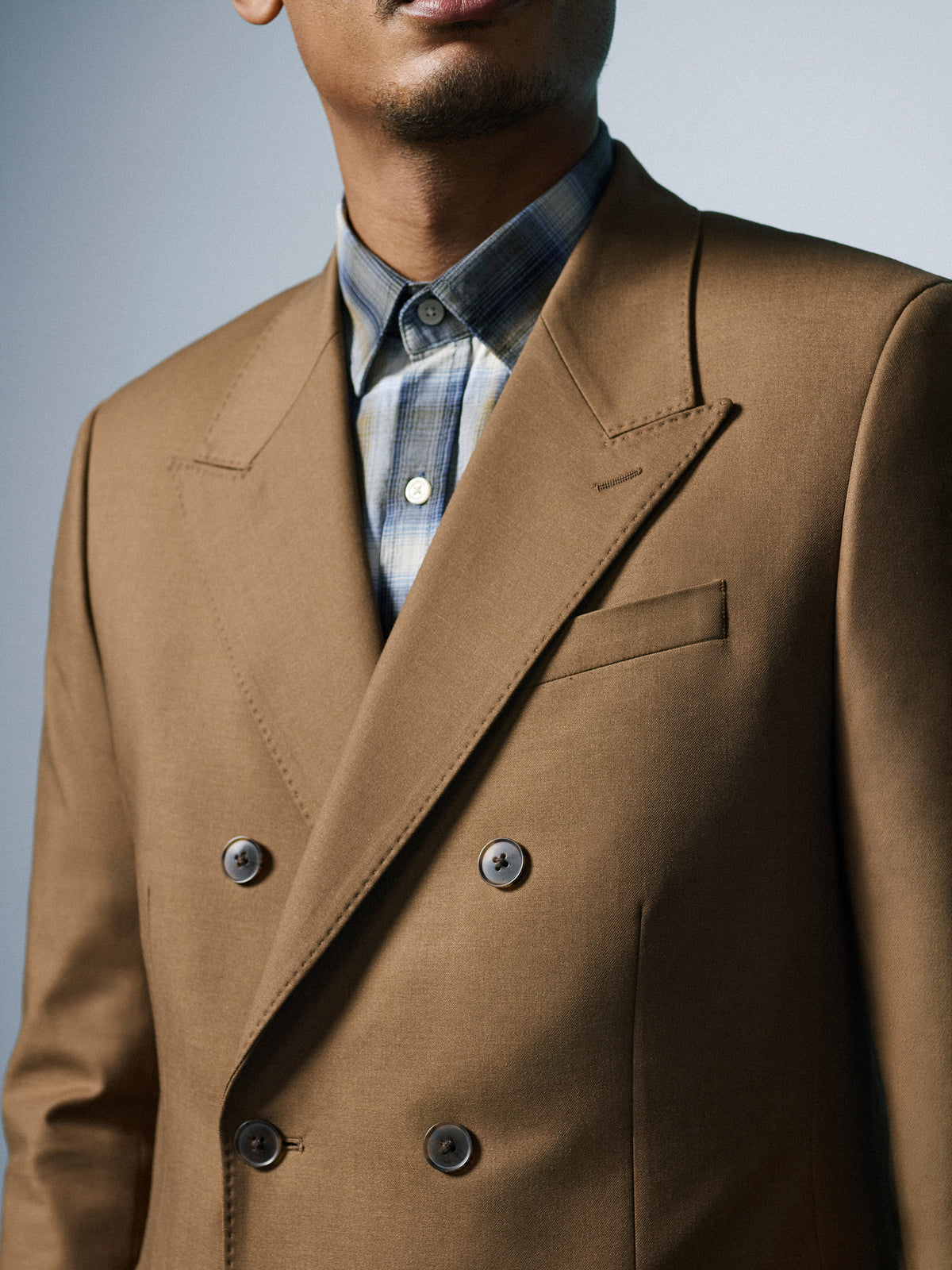 Tailored-Fit Double-Breasted Tobacco Suit Blazer