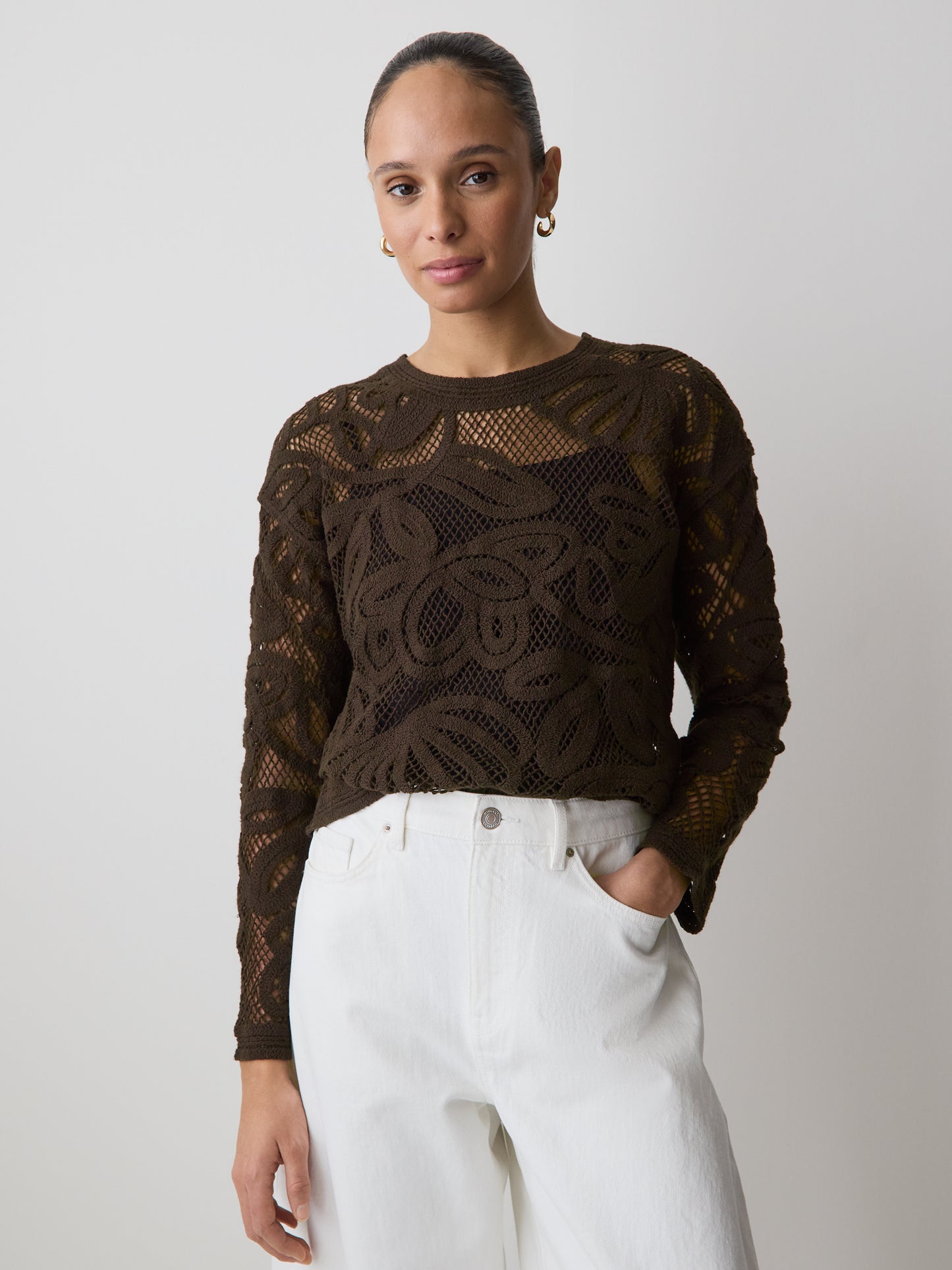 Long-Sleeve Crew-Neck Top with Crochet Details