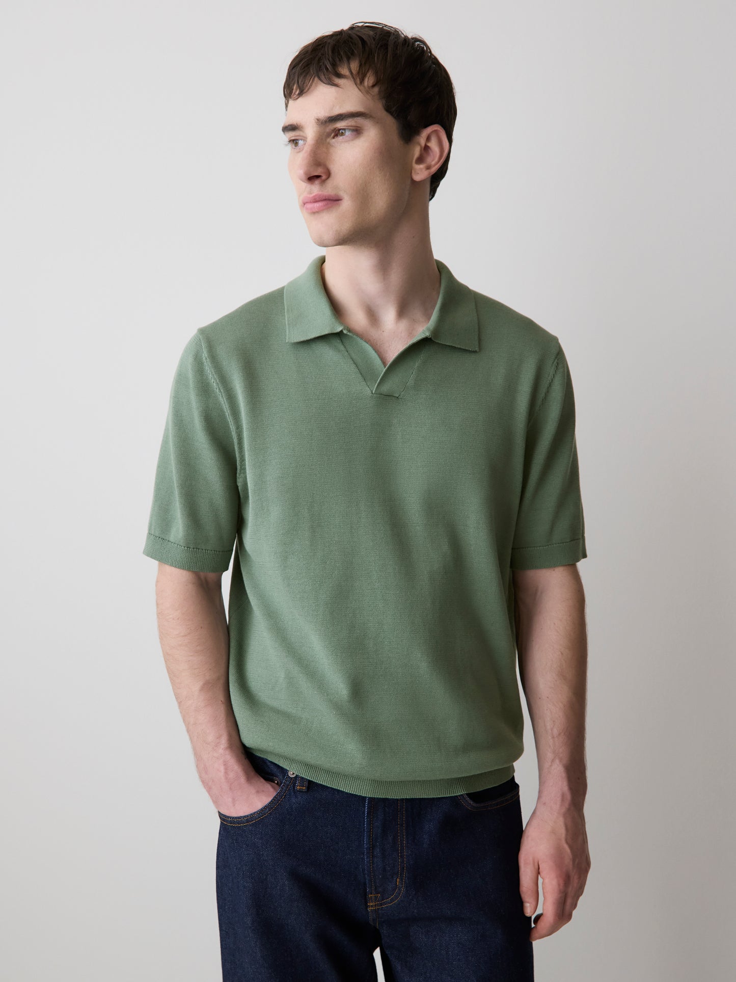 Cotton Short-Sleeve Polo with Johnny Collar