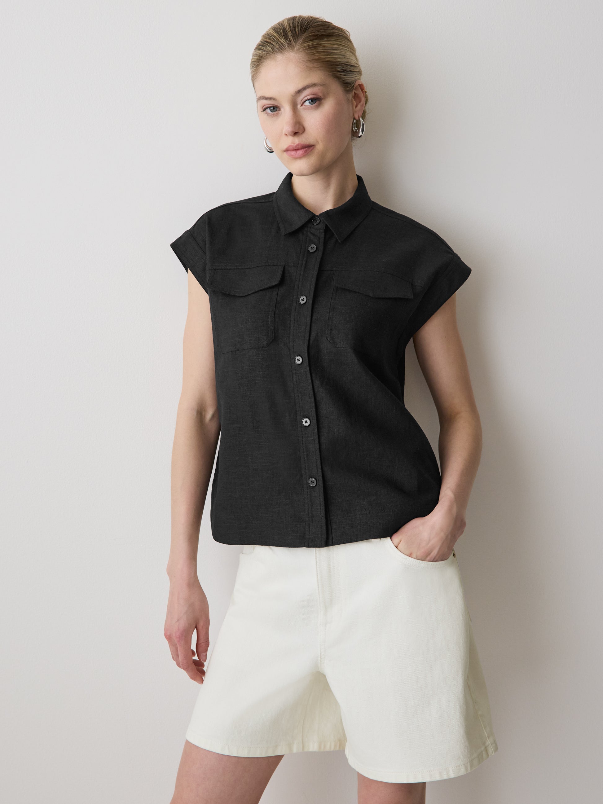 Linen-Blend Extended-Sleeve Blouse with Shirt Collar