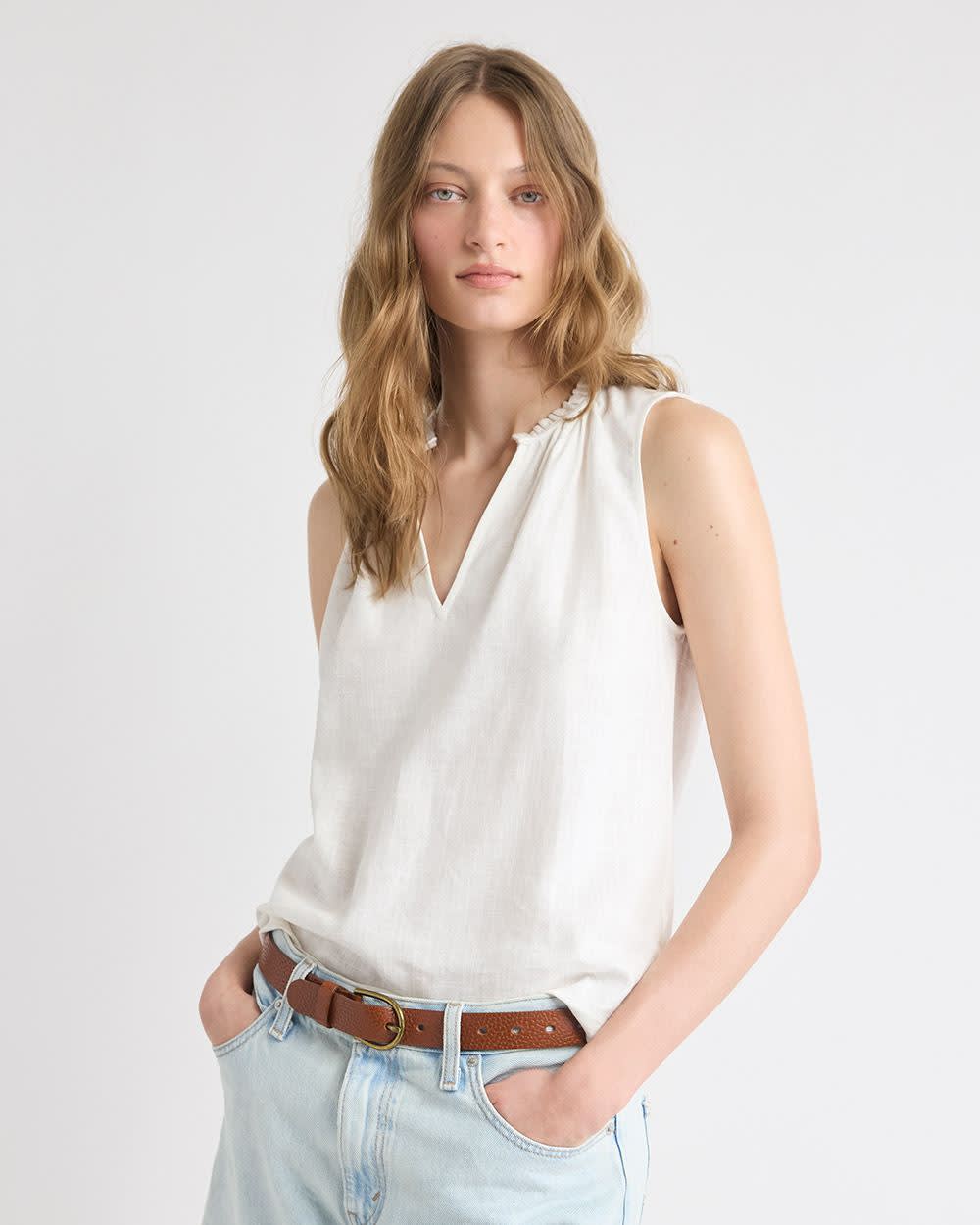 Sleeveless V-Neck Linen-Blend Blouse