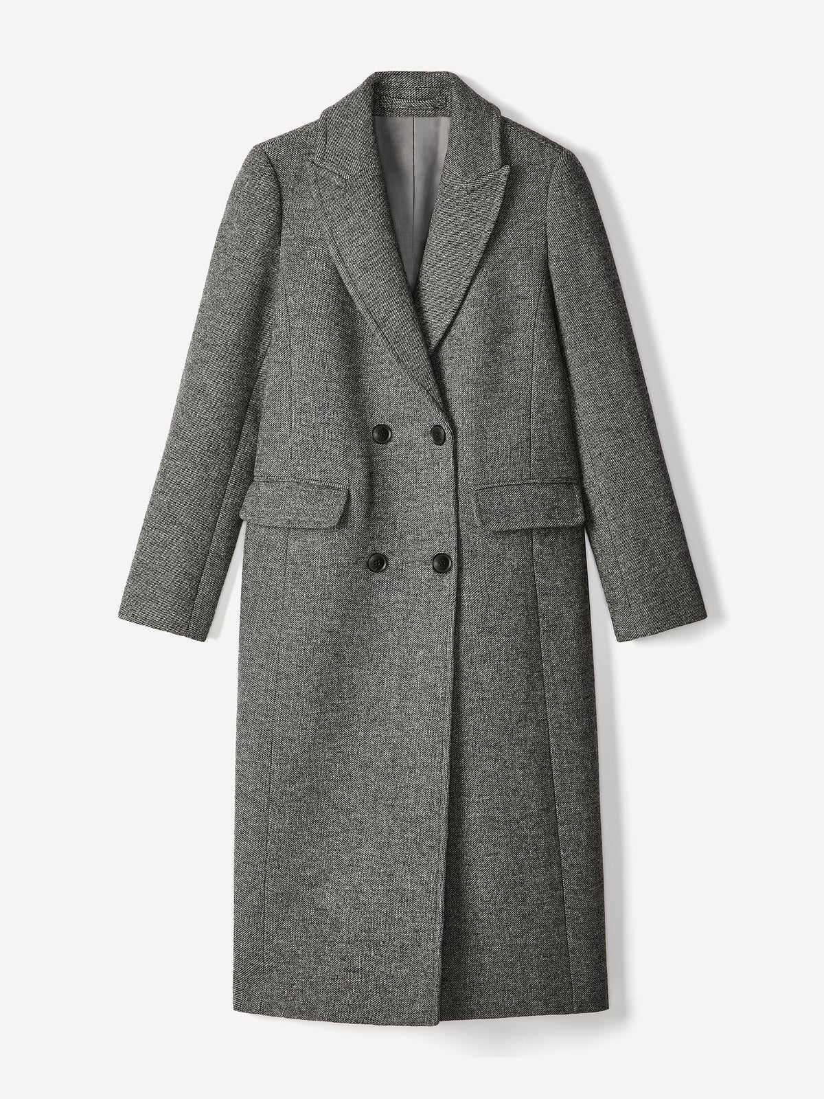 Woven Tweed Double-Breasted Long Coat with Tailored Collar