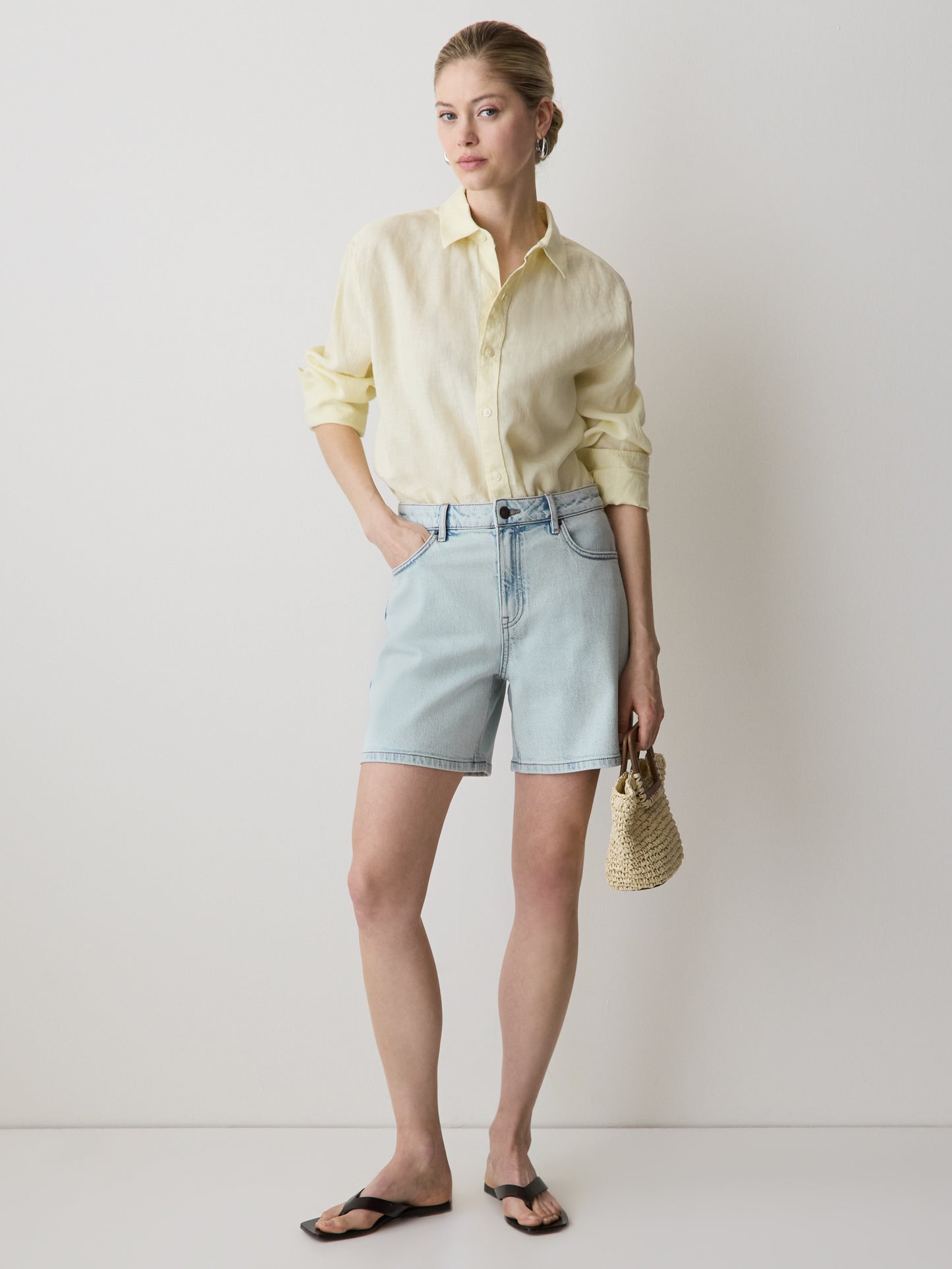 Woven Denim High Rise Mid Thigh Shorts