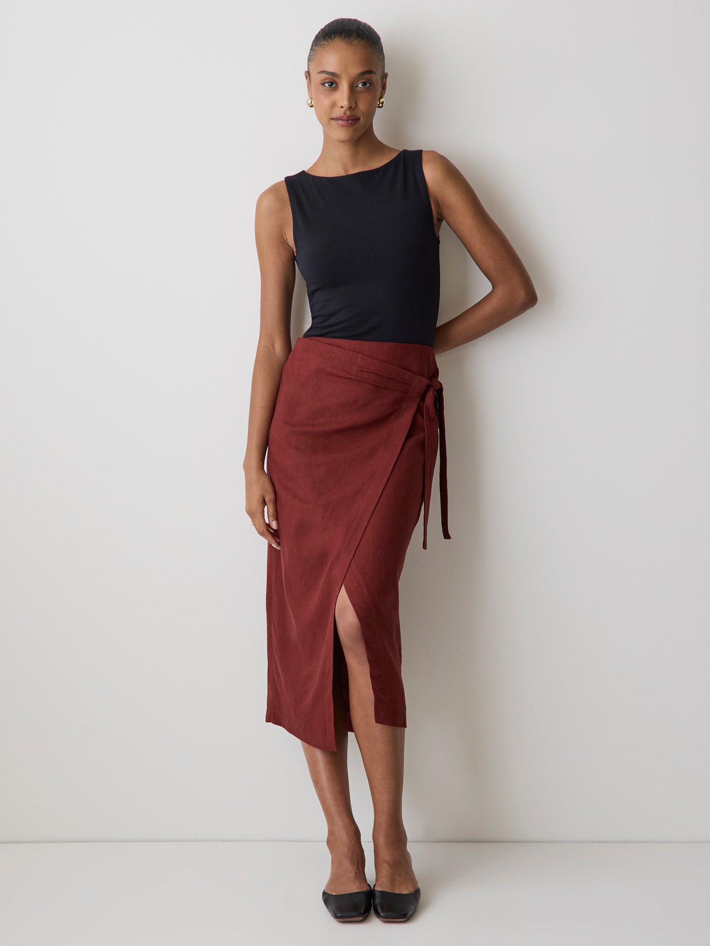 Woven Linen Blend Wrap Midi Skirt