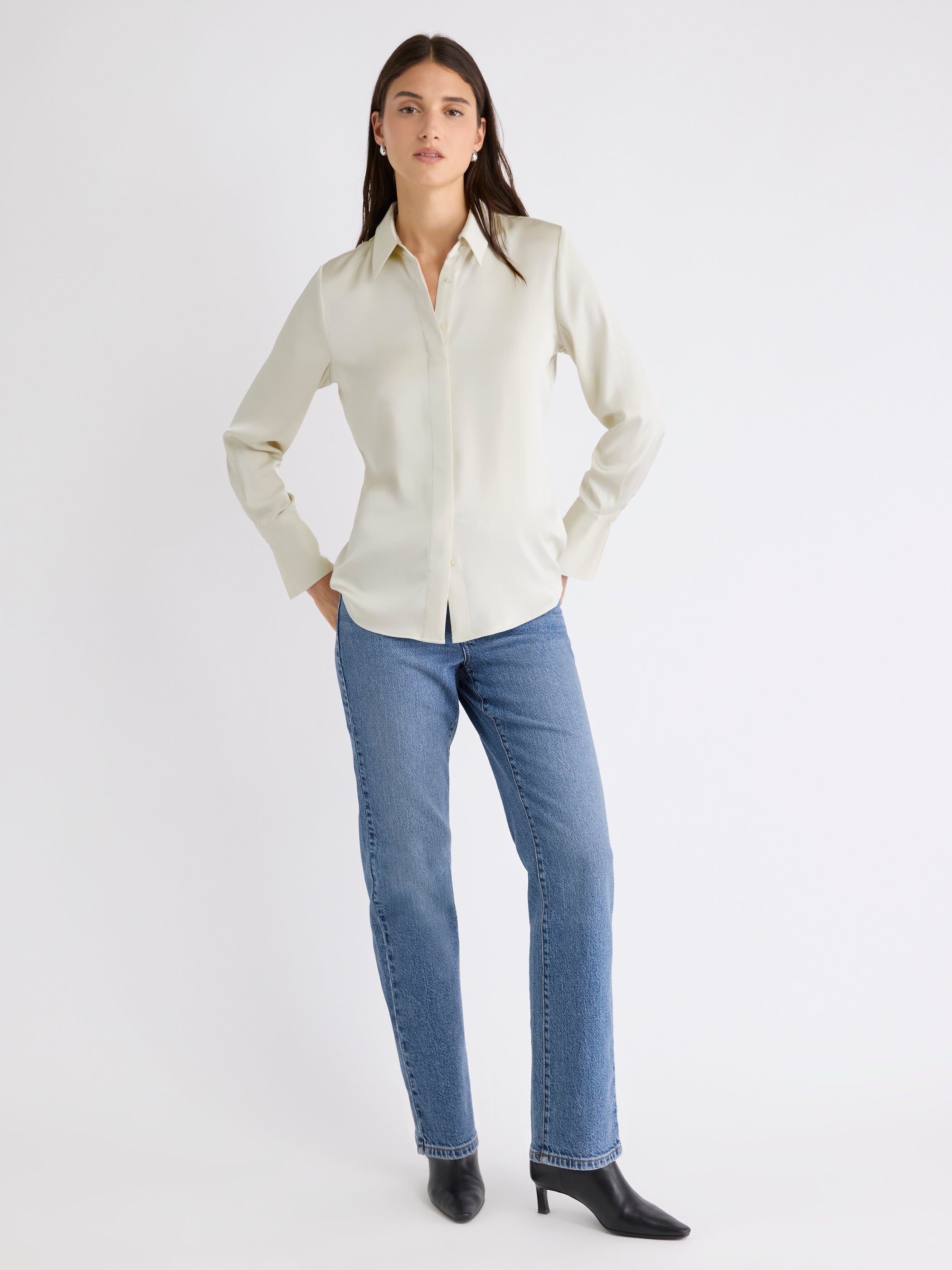 Blouse Boutonnée en Satin à Manches Longues