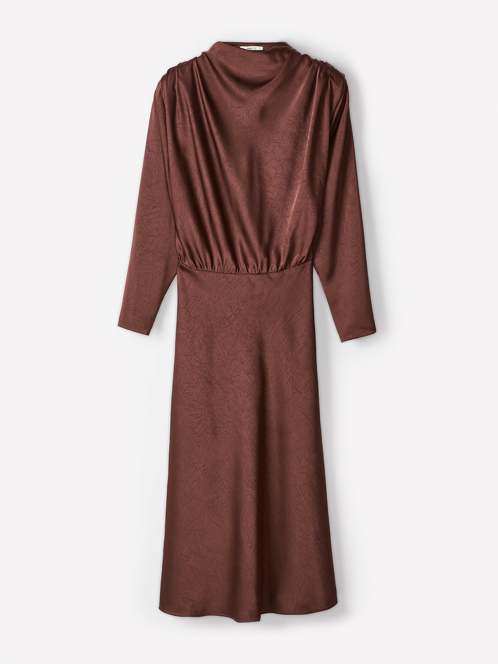 Satin Long-Sleeve Crew-Neck Midi Dress