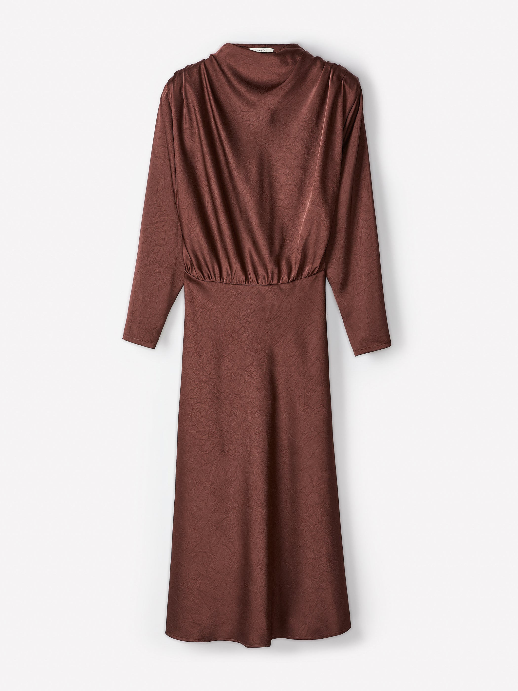 Satin Long-Sleeve Crew-Neck Midi Dress