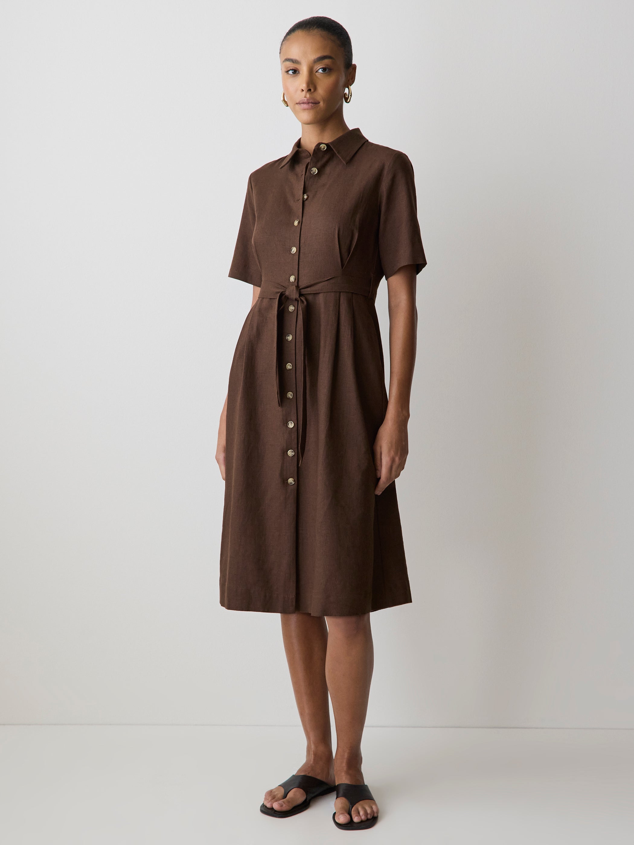 ワンピース WIRROW stand collar shirt dress Women's Linen-Blend Short Sleeve Midi Dress with Shirt Collar – RW&CO