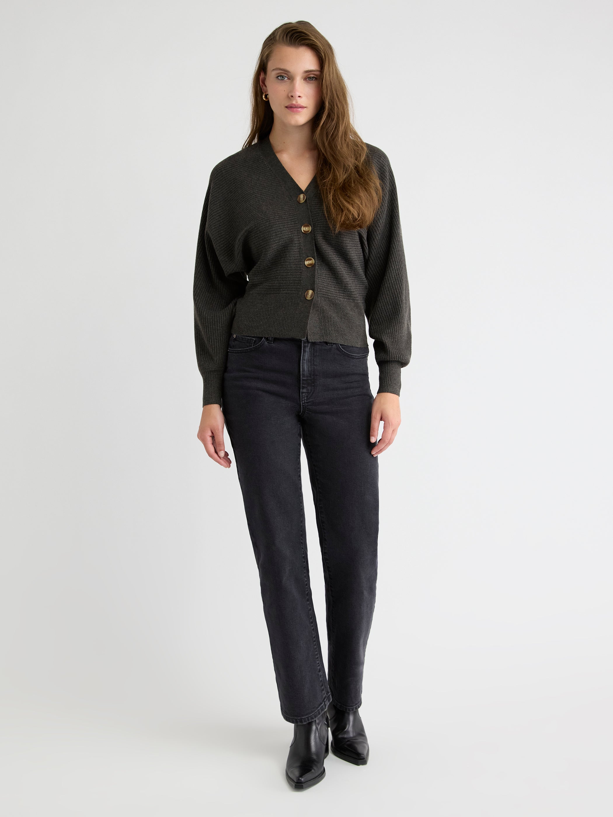 Cardigan Côtelé à Manches Longues Dolman et Col V