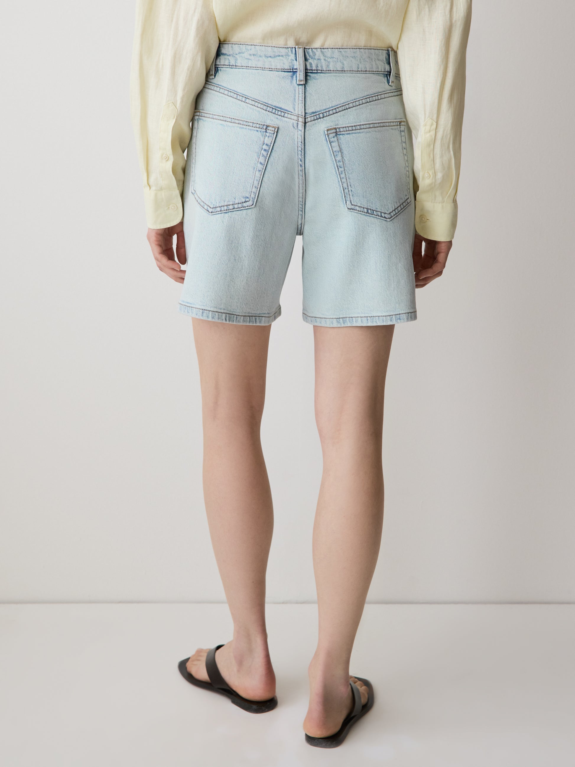 Woven Denim High Rise Mid Thigh Shorts