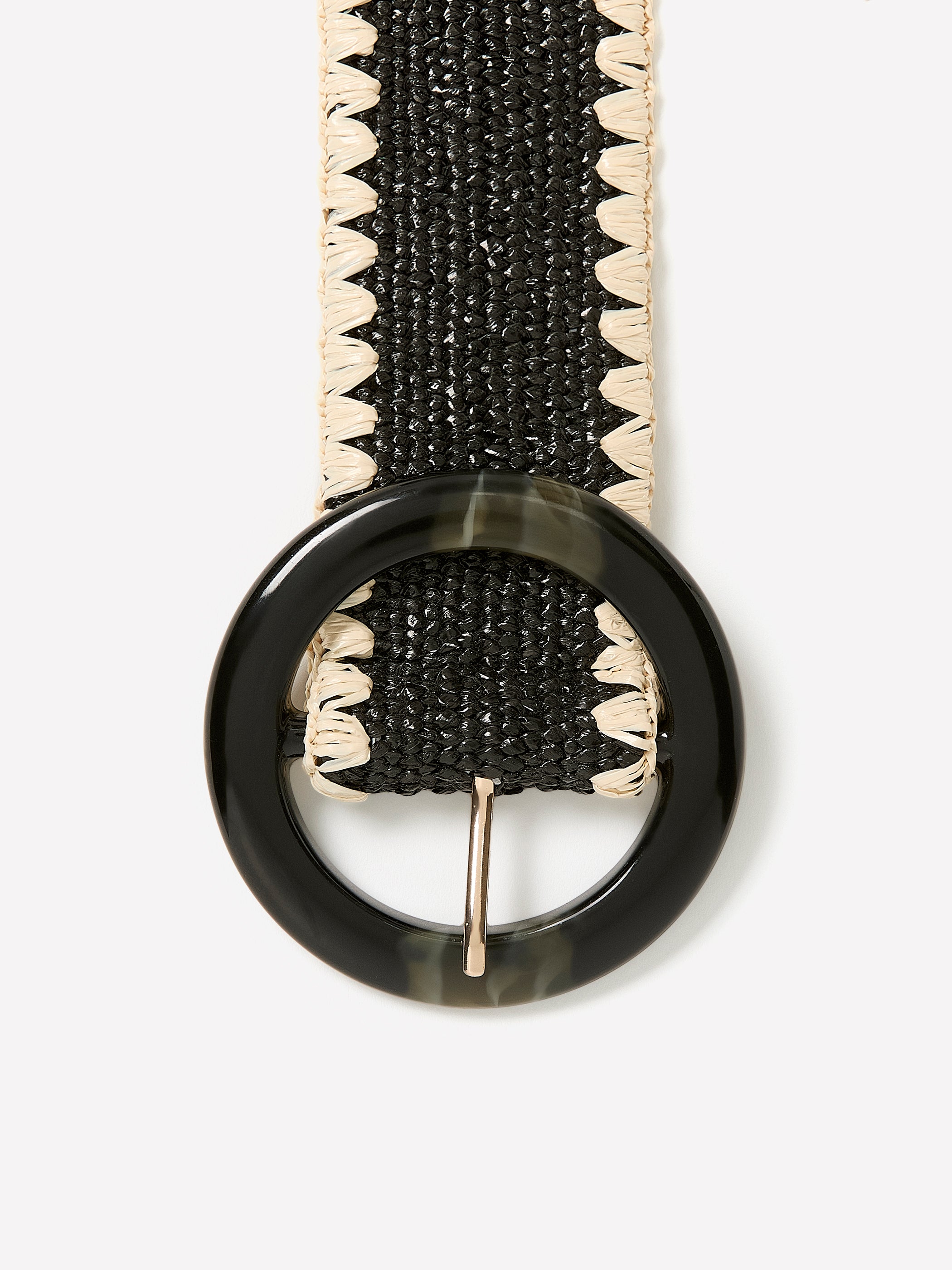 Black and Beige Raffia Belt with Round Buckle