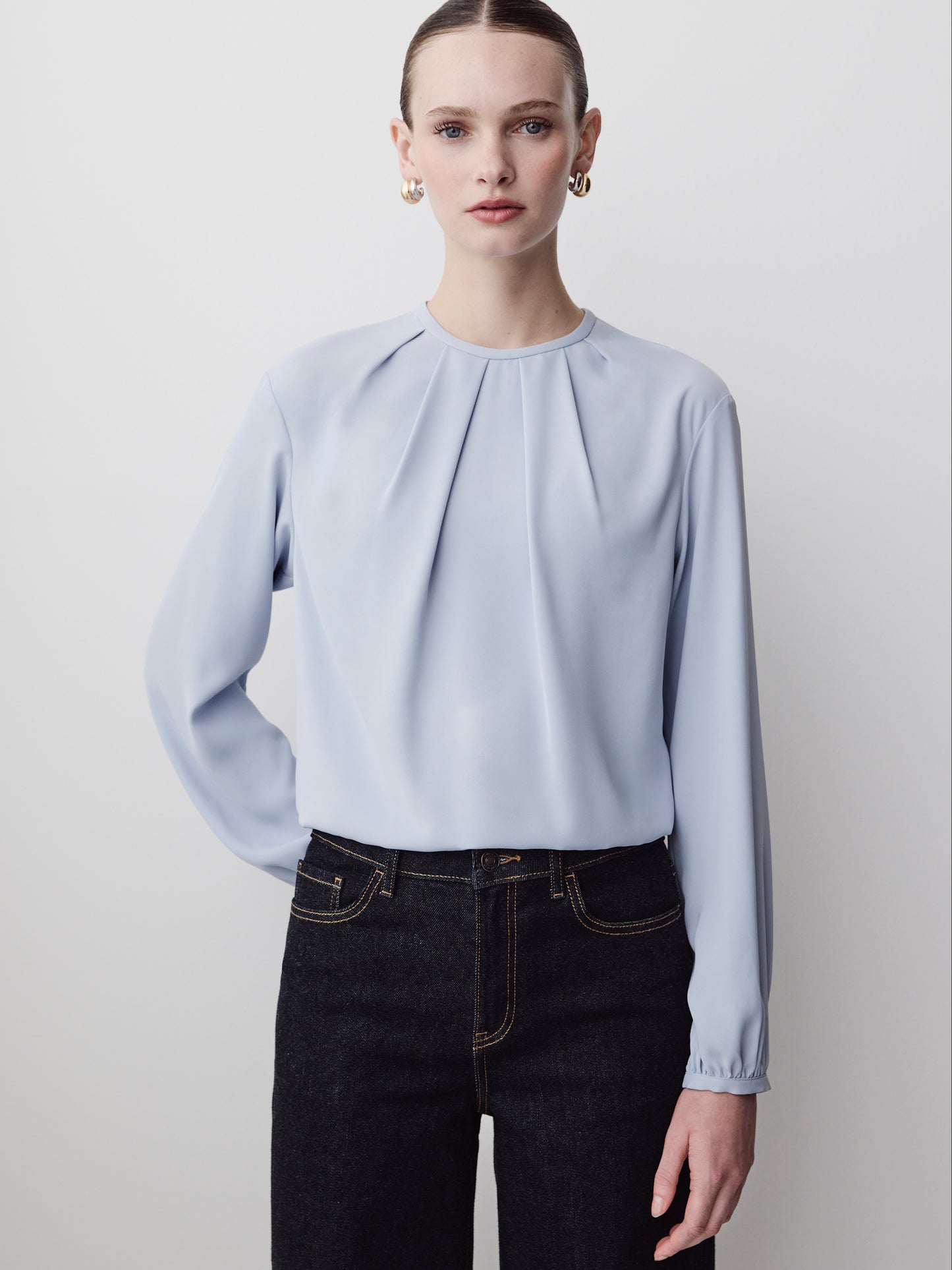 Woven Long Sleeve Blouse Luxe Crepe Fabric