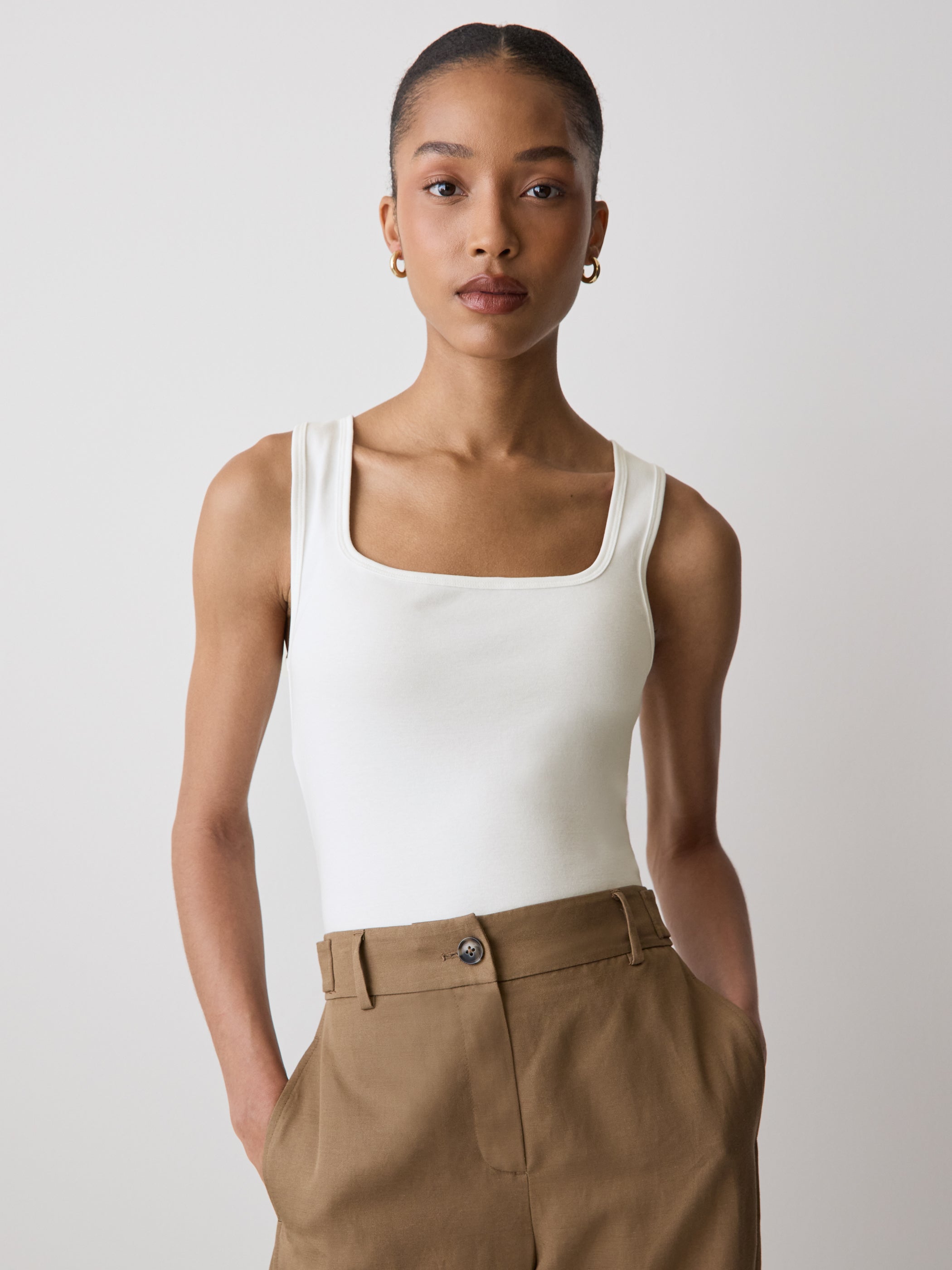 Knit Tank Top Square Neck Cotton Blend