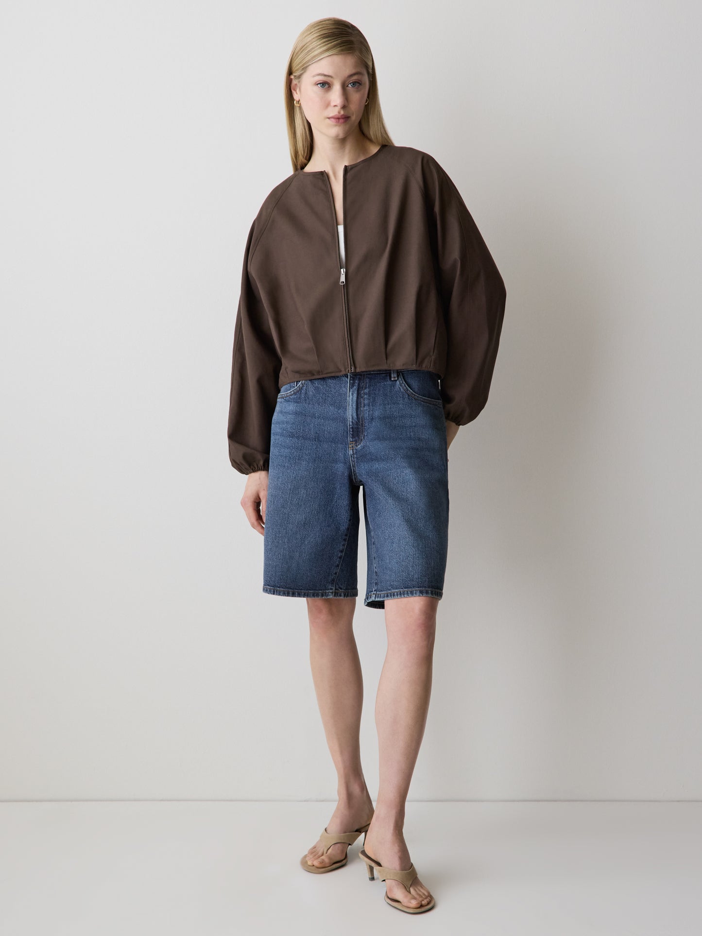 Woven Collarless Bomber Jacket with Zip Front
