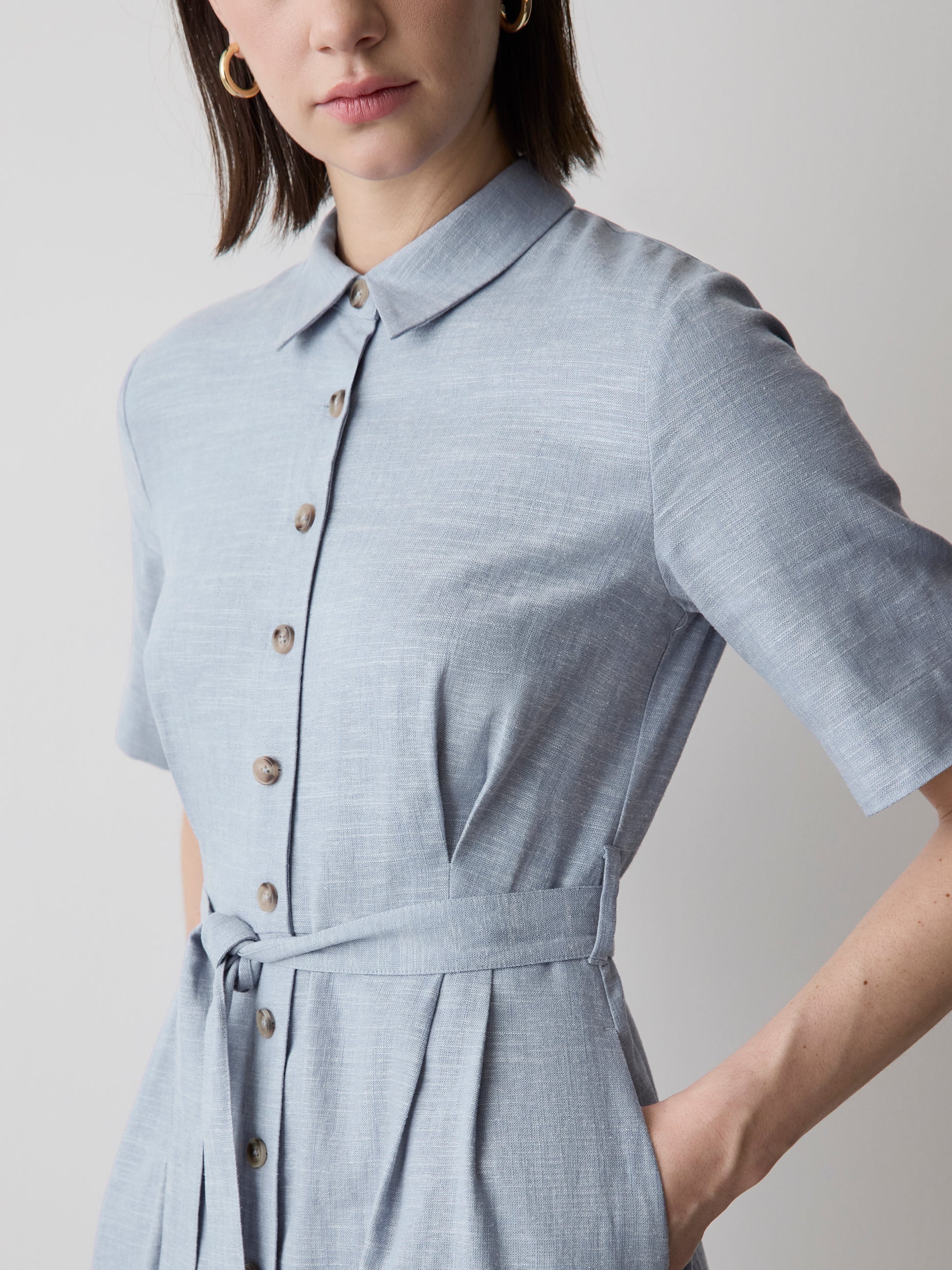 Short-Sleeve Linen-Blend Midi Dress with Shirt Collar